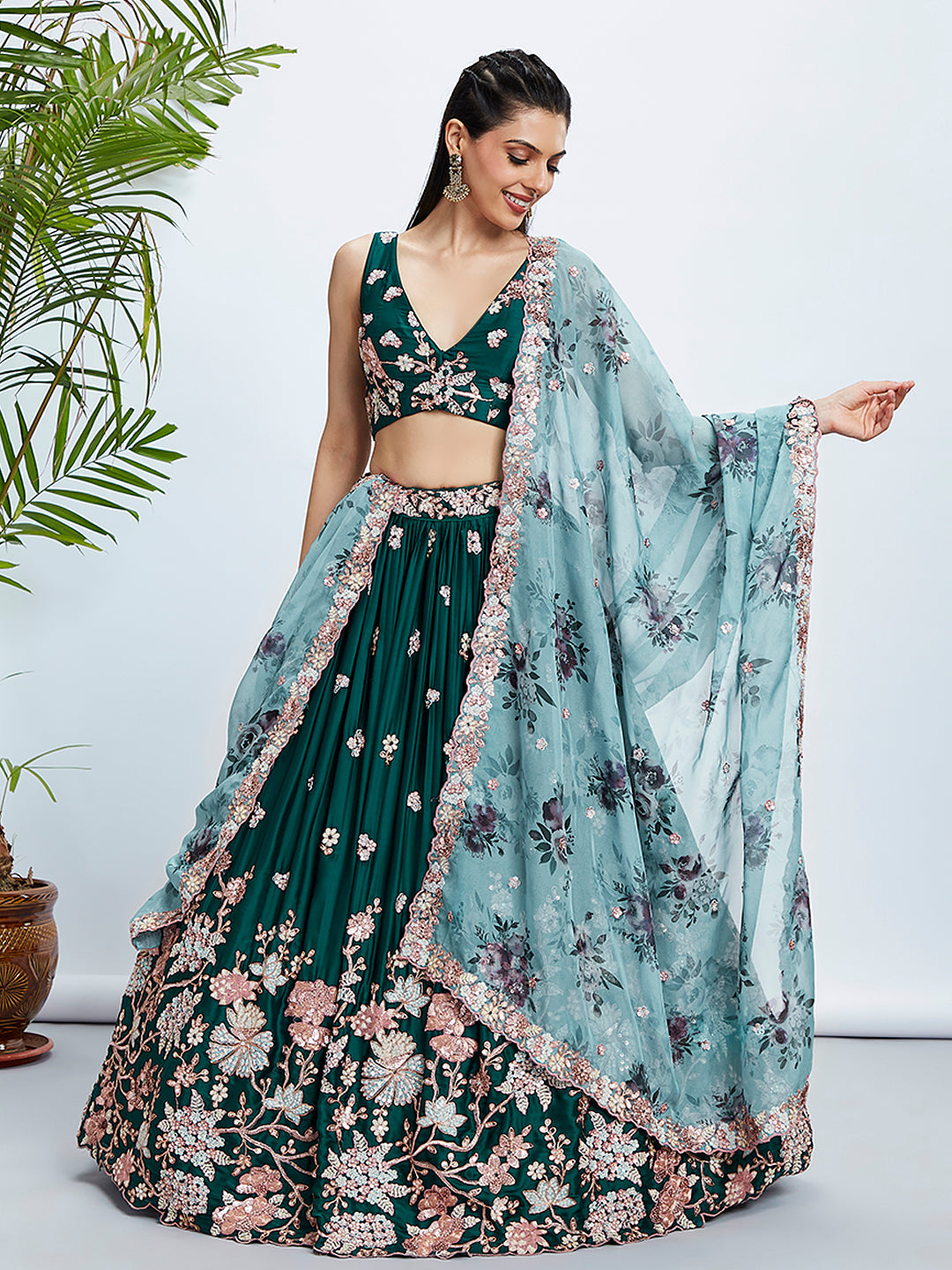 House of Panchhi Teal Pure Georgette Sequins And Thread Embroidery Lehenga Choli & Dupatta - Distacart