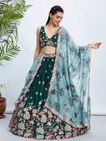 Thumbnail for House of Panchhi Teal Pure Georgette Sequins And Thread Embroidery Lehenga Choli & Dupatta - Distacart