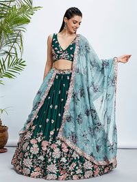 Thumbnail for House of Panchhi Teal Pure Georgette Sequins And Thread Embroidery Lehenga Choli & Dupatta - Distacart