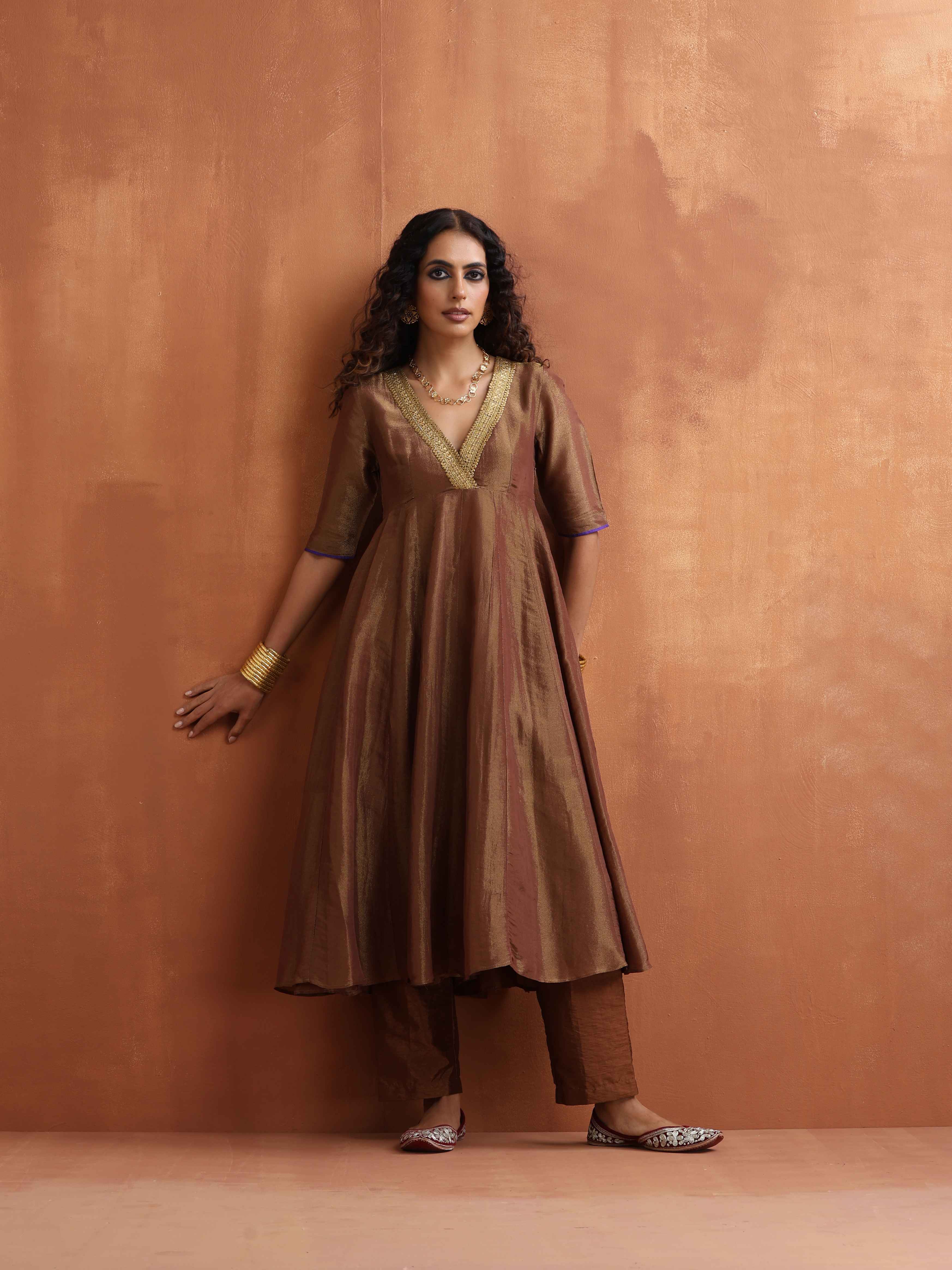 trueBrowns Bronze Tissue Flared Anarkali Kurta Set - Distacart