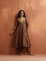 Thumbnail for trueBrowns Bronze Tissue Flared Anarkali Kurta Set