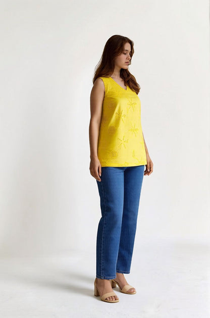 Myshka Women Yellow Schiffili Sleeveless Top - Dista