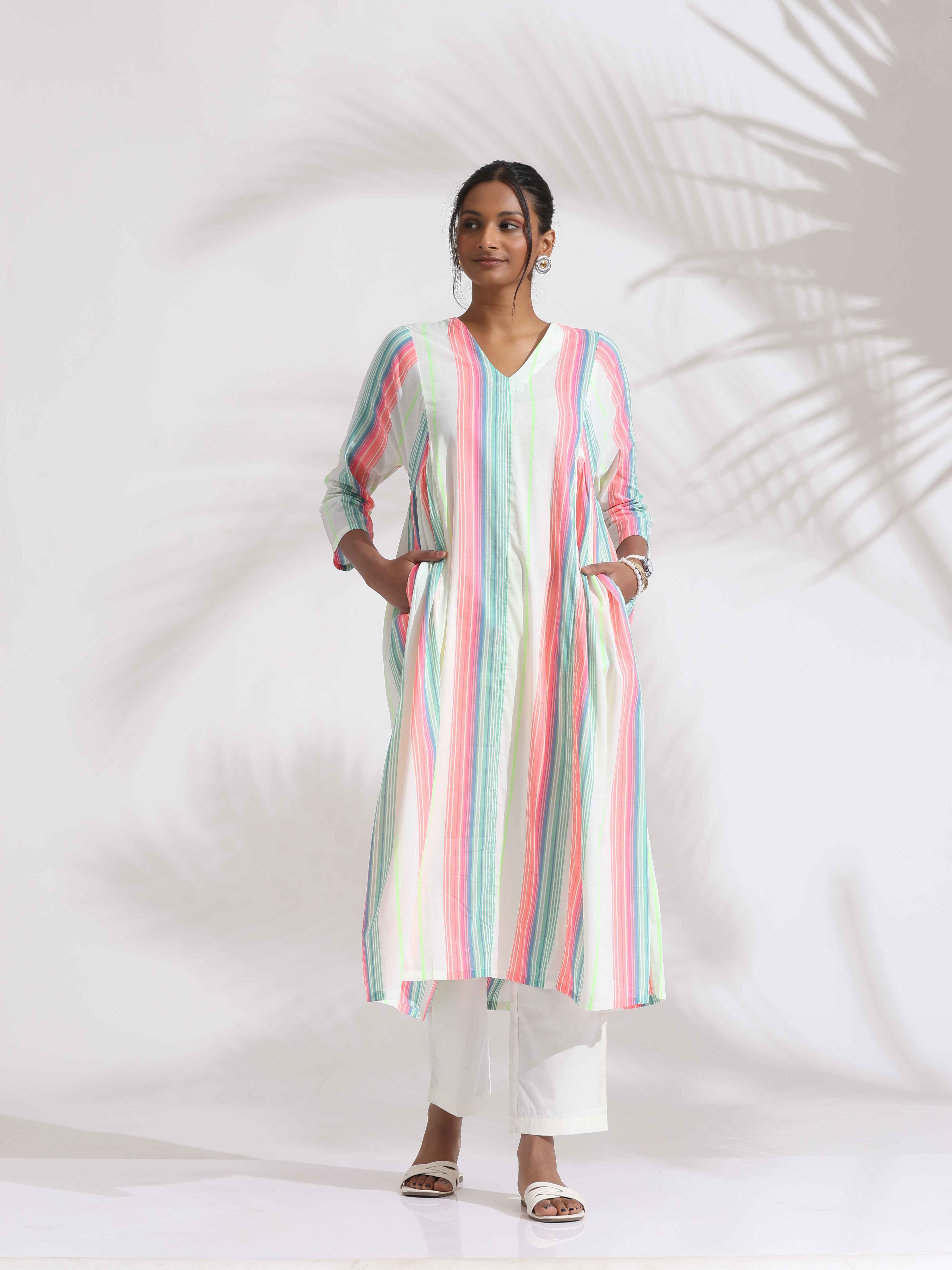 trueBrowns Off-White Cotton Multi Stripe Flared Kurta Set - Distacart