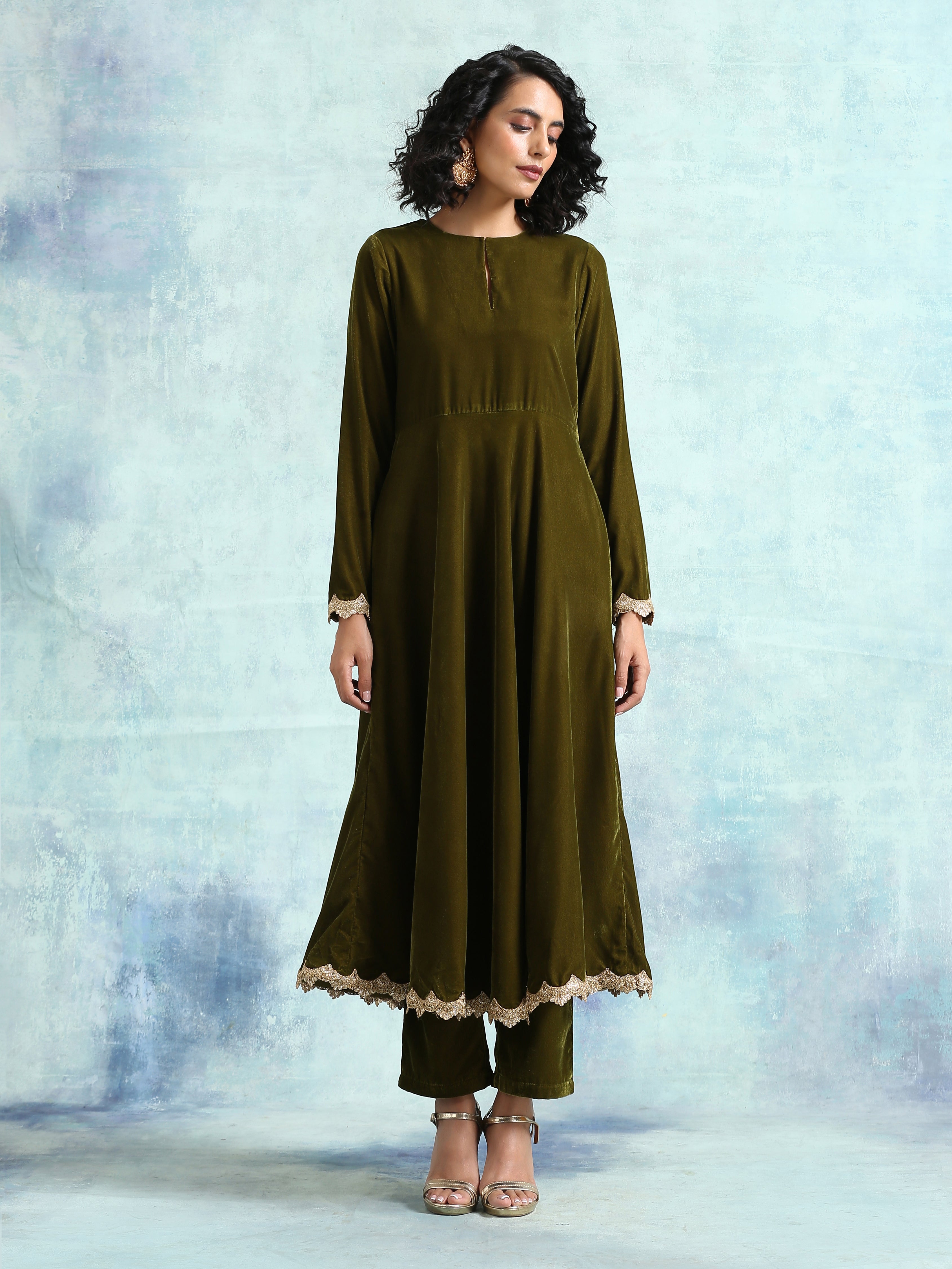 trueBrowns Mehandi Velvet Anarkali Kurta - Distacart