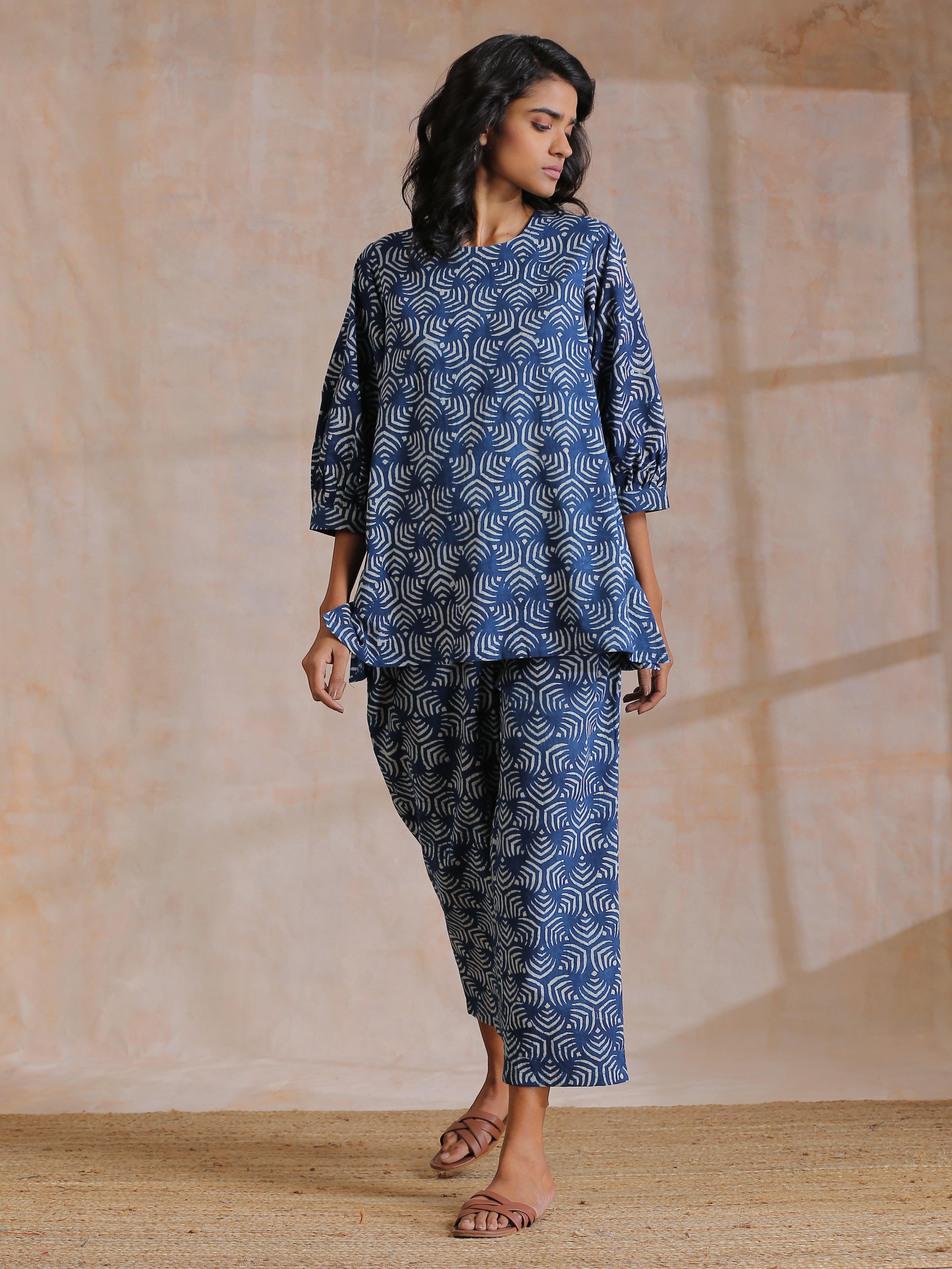 trueBrowns Indigo Dabu Overall Print Cotton Baggy Sleeve Co-Ord Set - Distacart