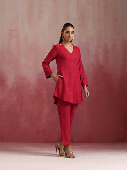 trueBrowns Red Cotton Dobby Kurta Co-ord set - Distacart