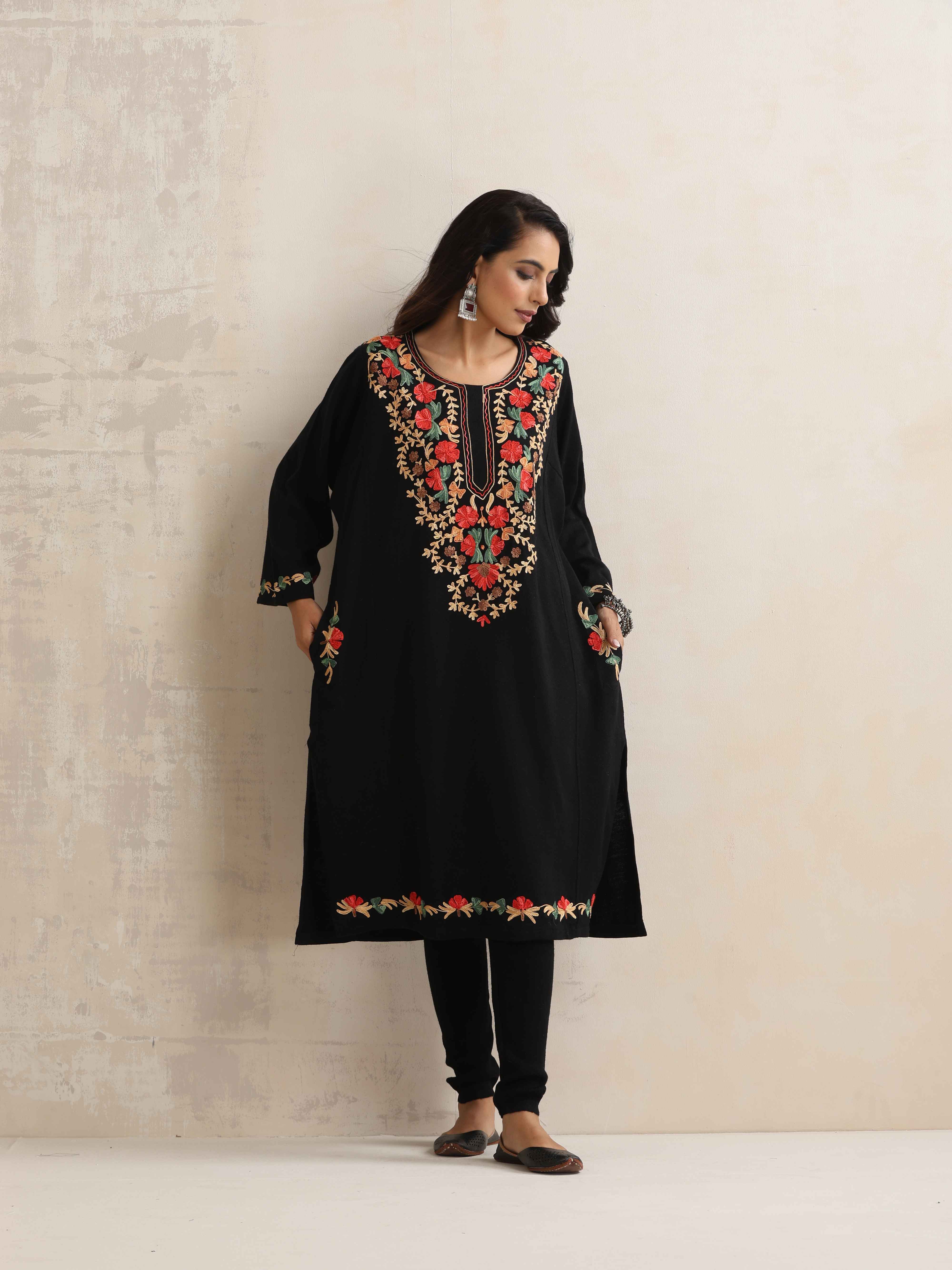 trueBrowns Black Kashmiri Embroidered Woollen Phiran Kurta - Distacart