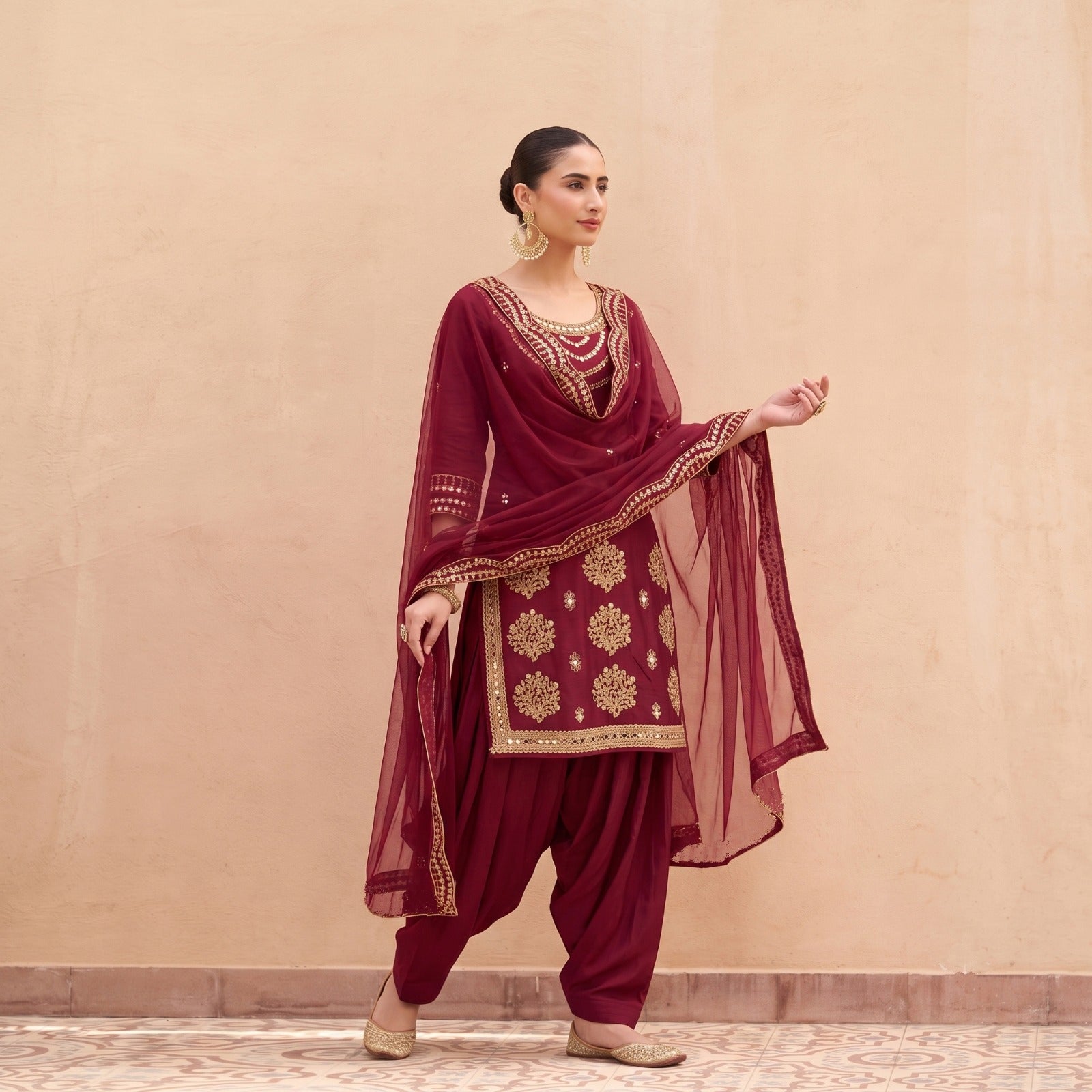 Anaita Maroon Silk Unstitched Suit with Embroidery & Real Mirror Work - Dista