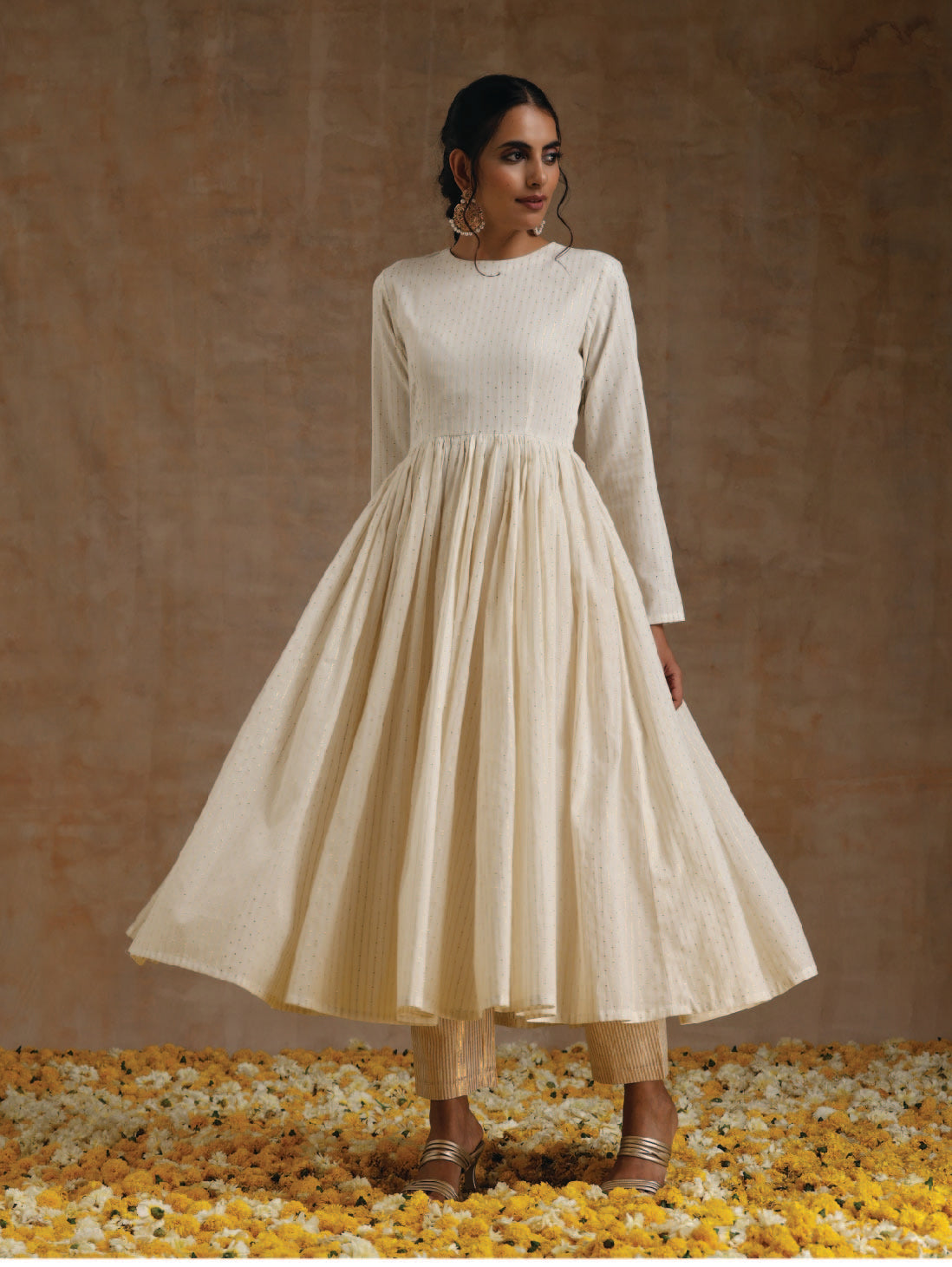 trueBrowns Ivory Gold Cotton Anarkali Set - Distacart