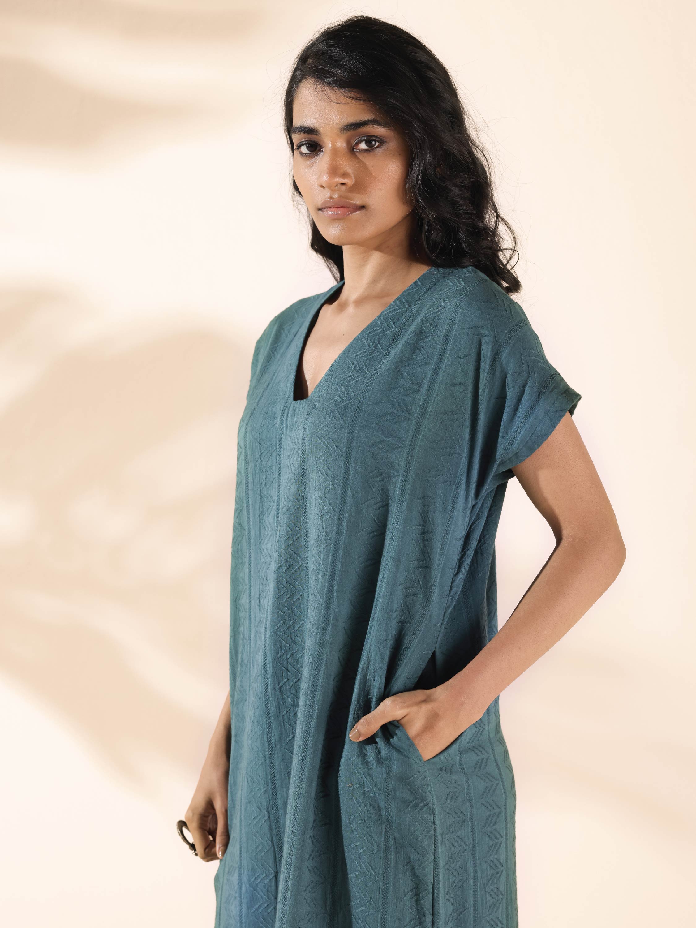trueBrowns Turquoise Cotton Dobby Dress - Distacart