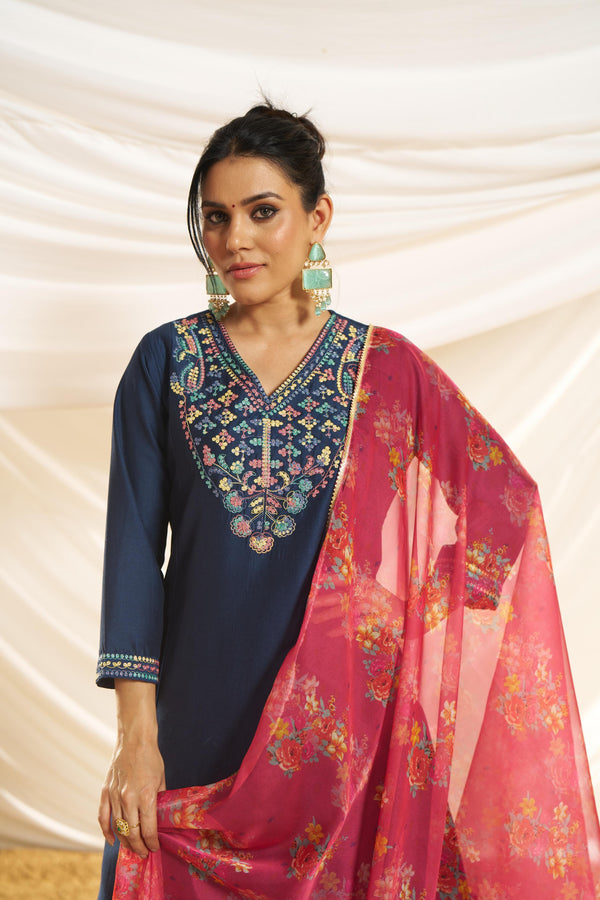 BulBul Women Navy Embellished Premium Silk Straight Suit With Dupatta
