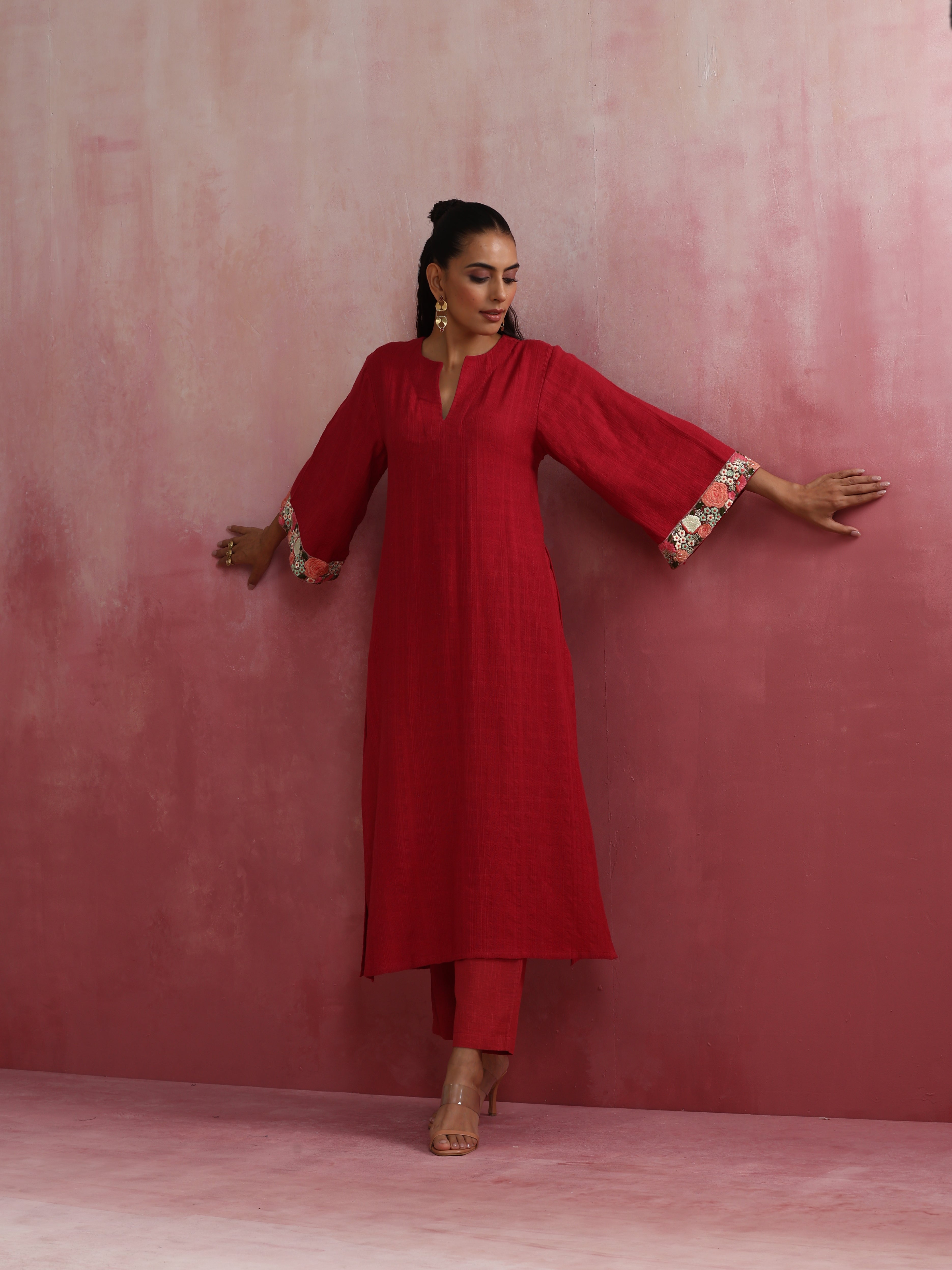 trueBrowns Red Straight Cotton Dobby Kurta Set - Distacart