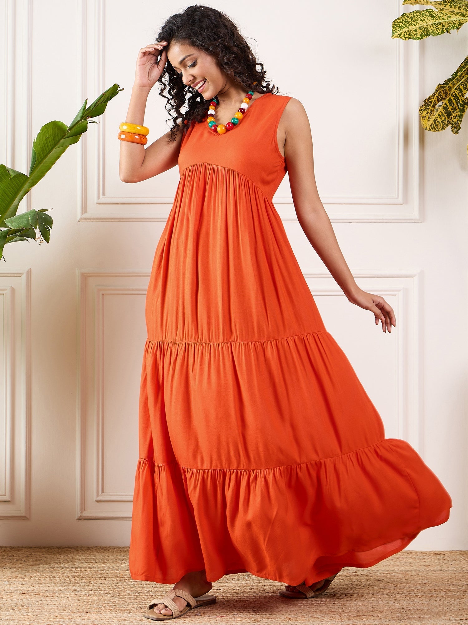InWeave Orange V Neck Sleeveless Long Tiered Dress - Distacart