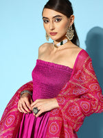 Thumbnail for InWeave Purple Off Shoulder Silk Kurta Set -Pink Kota Bandhej Dupatta