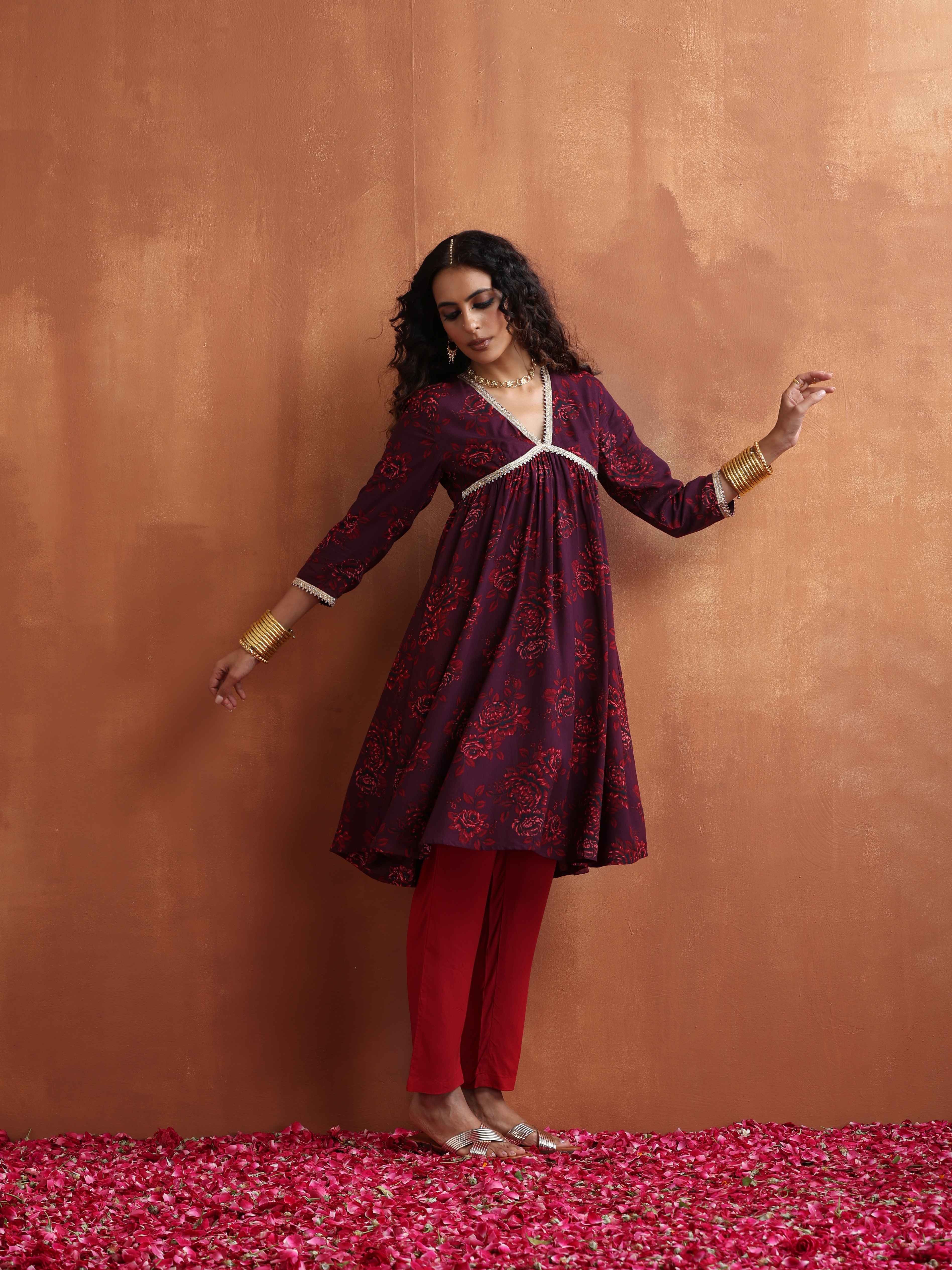 trueBrowns Purple Floral Print Anarkali Kurta Co-ord Set - Distacart