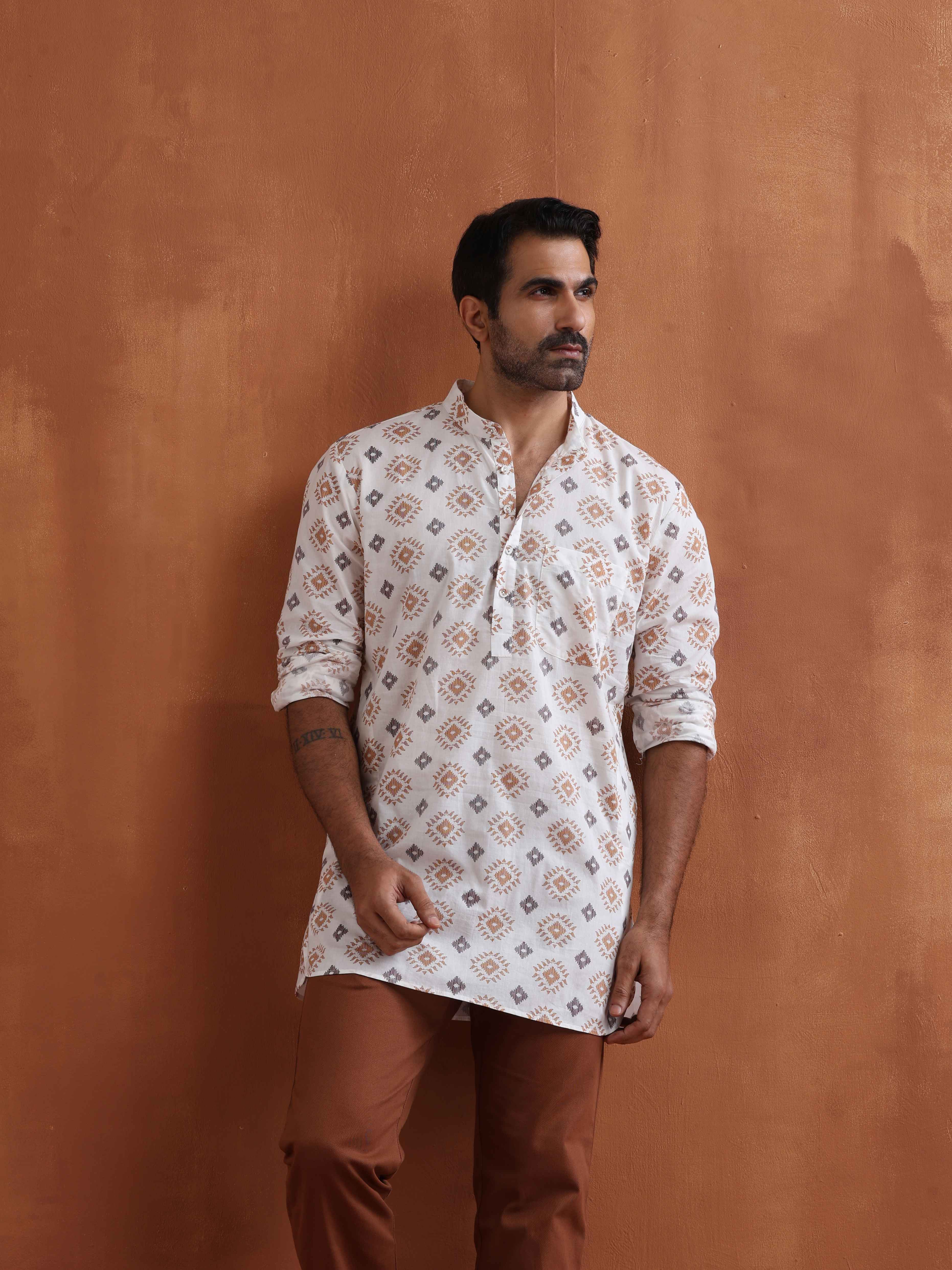 trueBrowns Men's Ivory Printed Short Kurta - Distacart