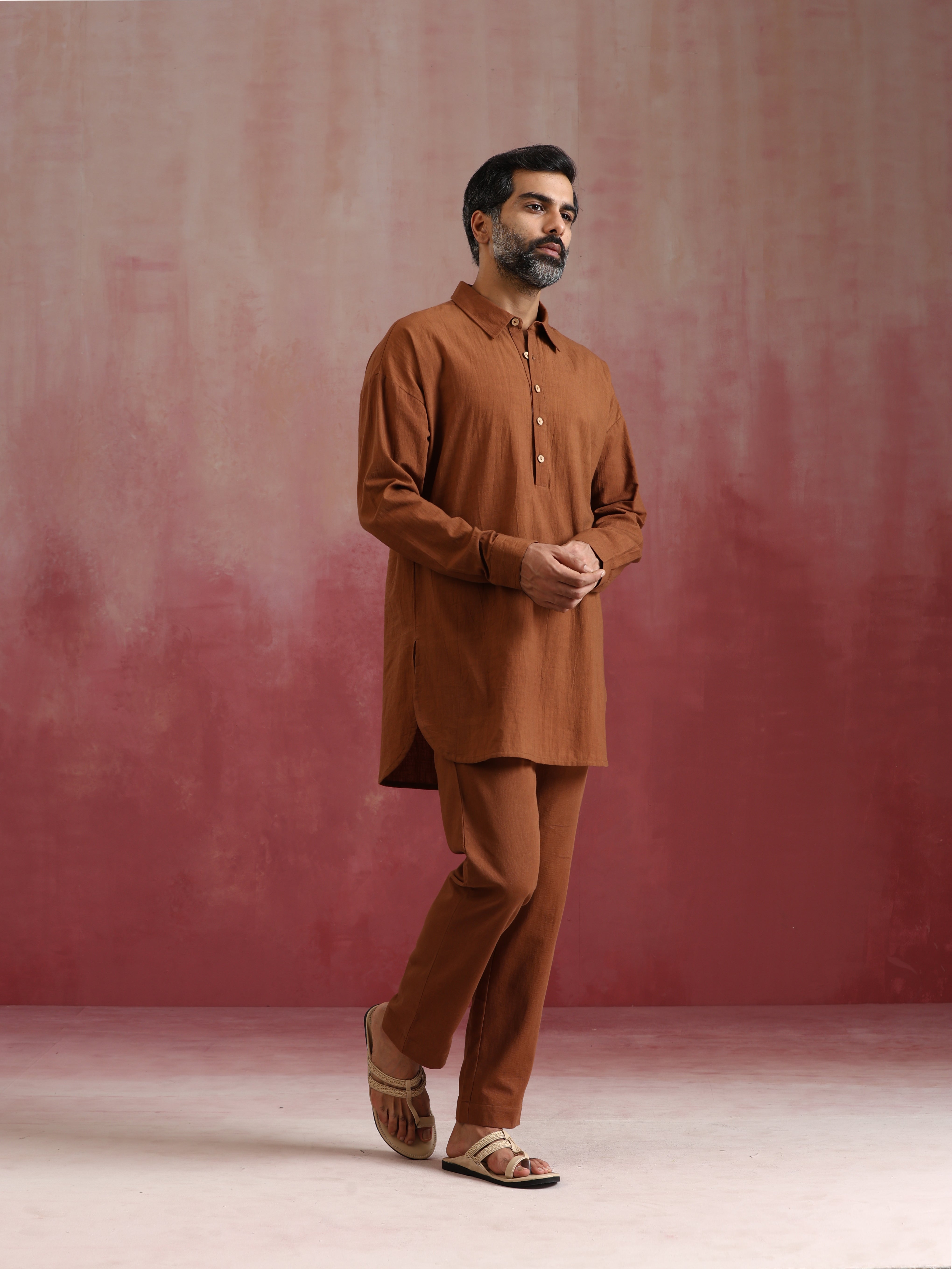 trueBrowns Men's Brown Cotton Shirt Collar Stylized Kurta Co-ord set - Distacart
