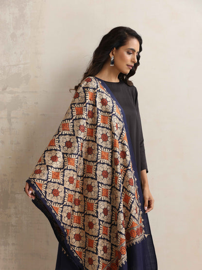 trueBrowns Navy Blue Embroidered Woollen Stole - Distacart