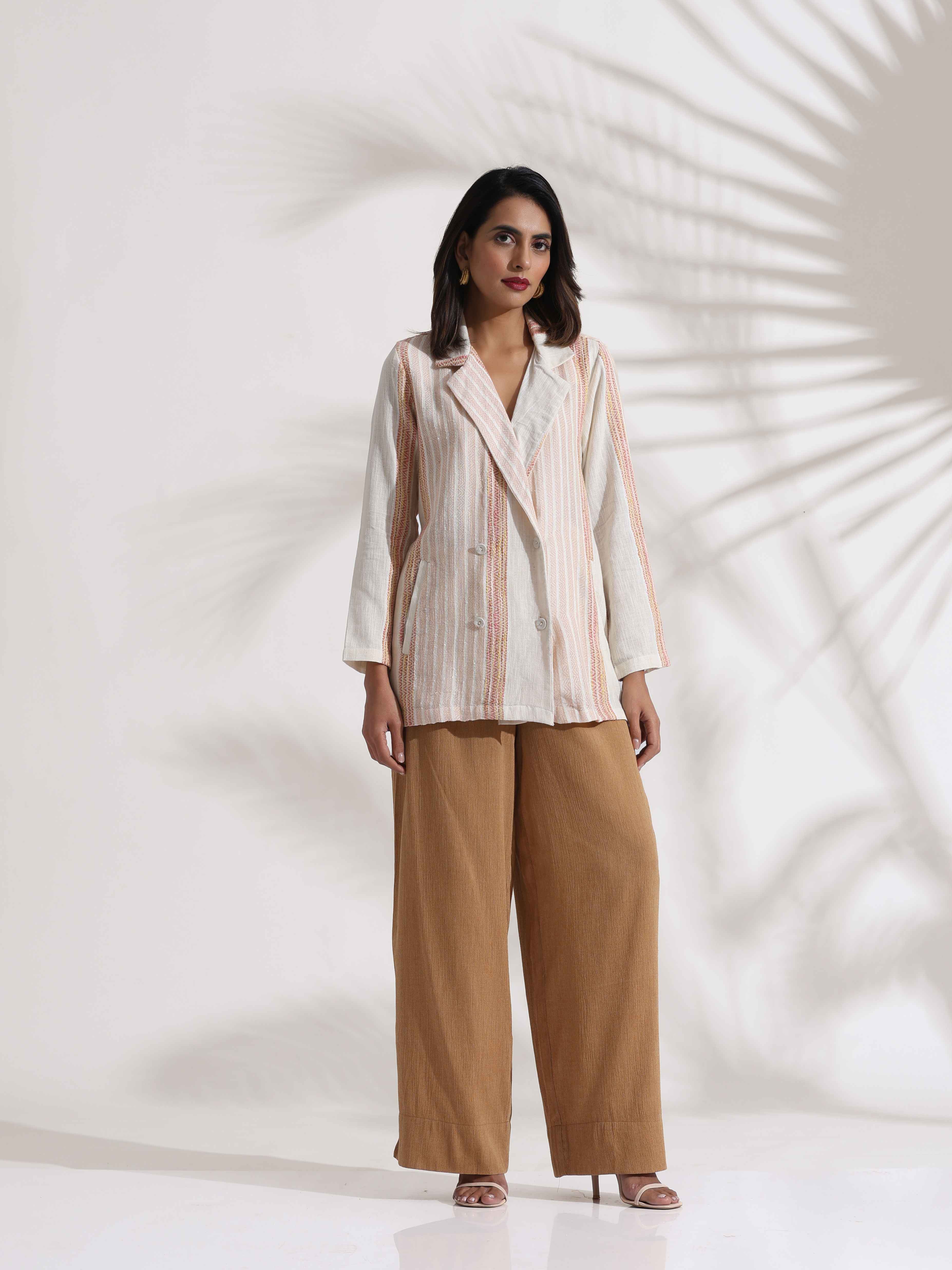 trueBrowns Beige Cotton Stripe Jacket Top Co-ord Set - Distacart