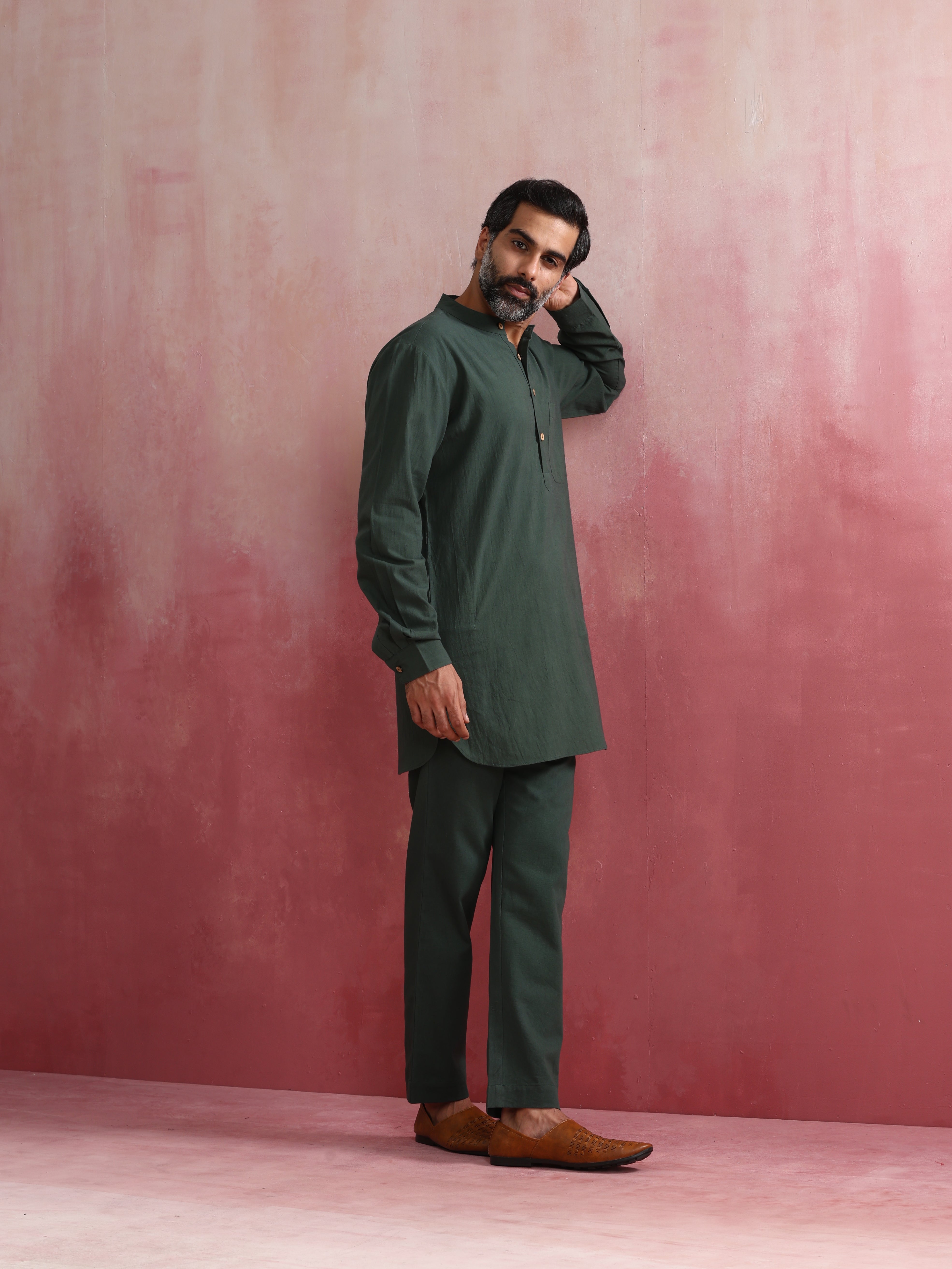 trueBrowns Men's Green Cotton Mandarin Collar Kurta Co-ord set - Distacart
