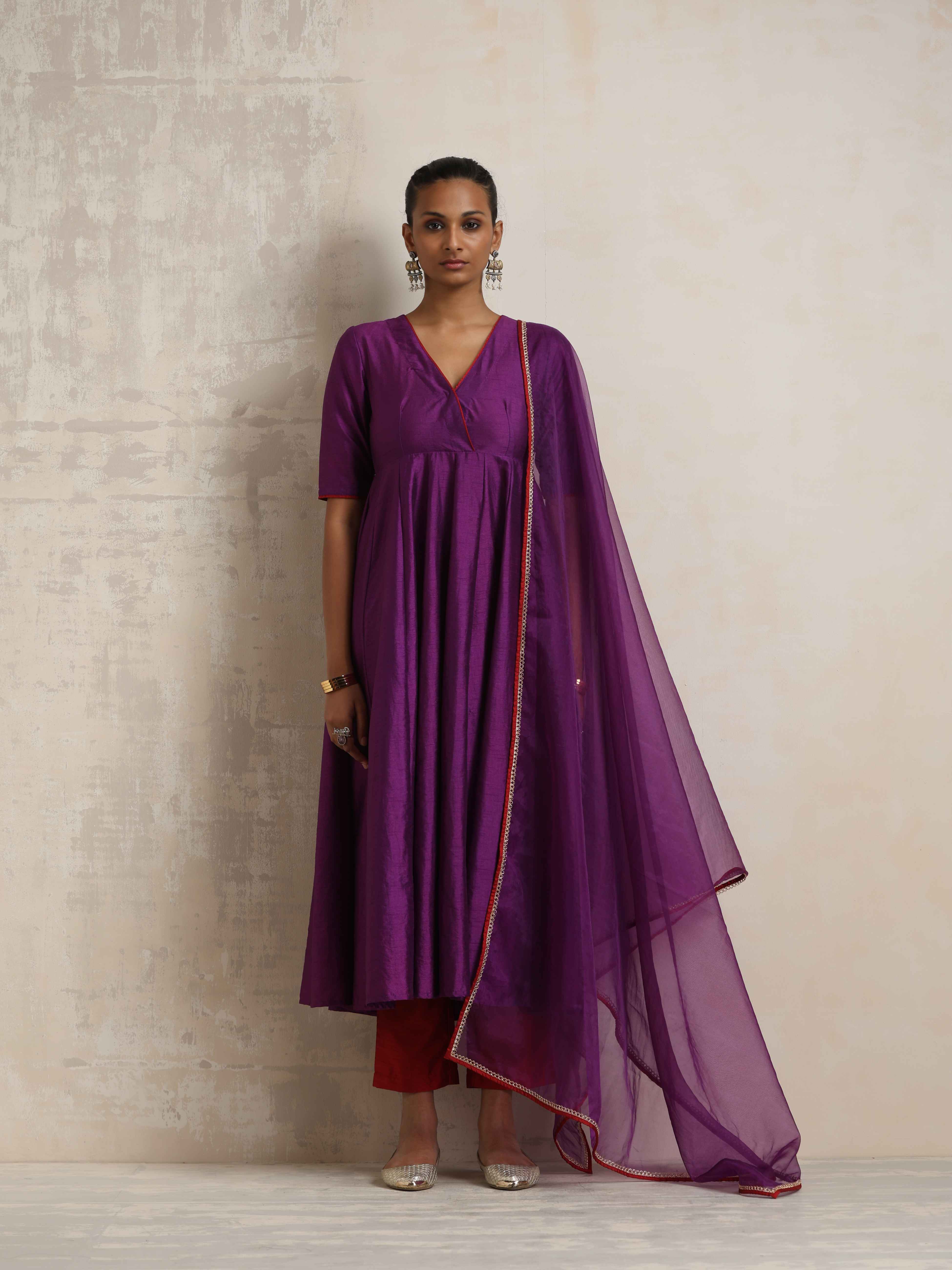 trueBrowns Purple Silk Anarkali Kurta Pant Dupatta Set - Distacart