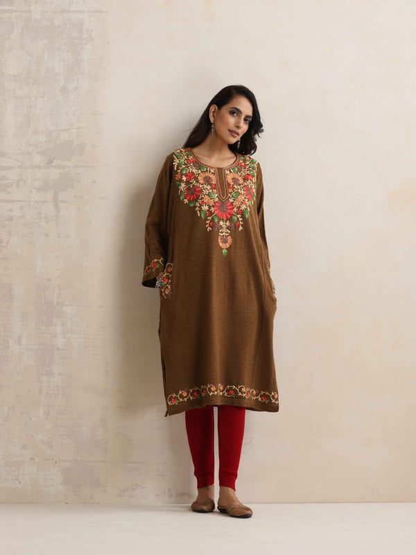 trueBrowns Brown Kashmiri Floral Embroidered Woollen Phiran Kurta - Distacart