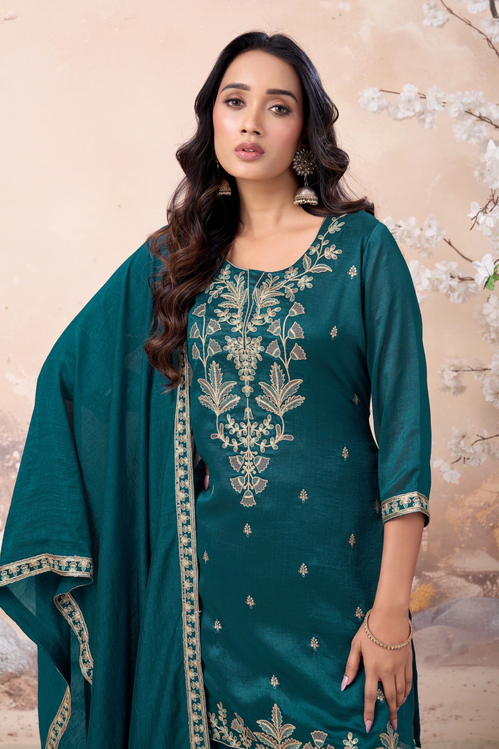 Anaita Teal Vichitra Silk Readymade Suit with Coding Work - Dista