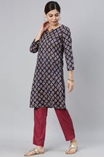 Thumbnail for Ahika Women Navy Blue & Beige Ethnic Motifs Printed Kurta - Distacart