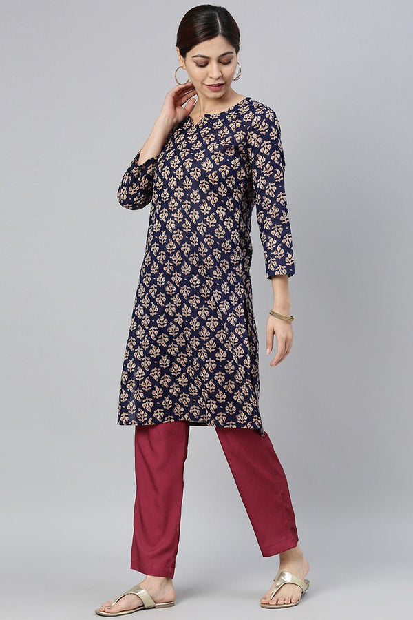 Ahika Women Navy Blue & Beige Ethnic Motifs Printed Kurta - Distacart