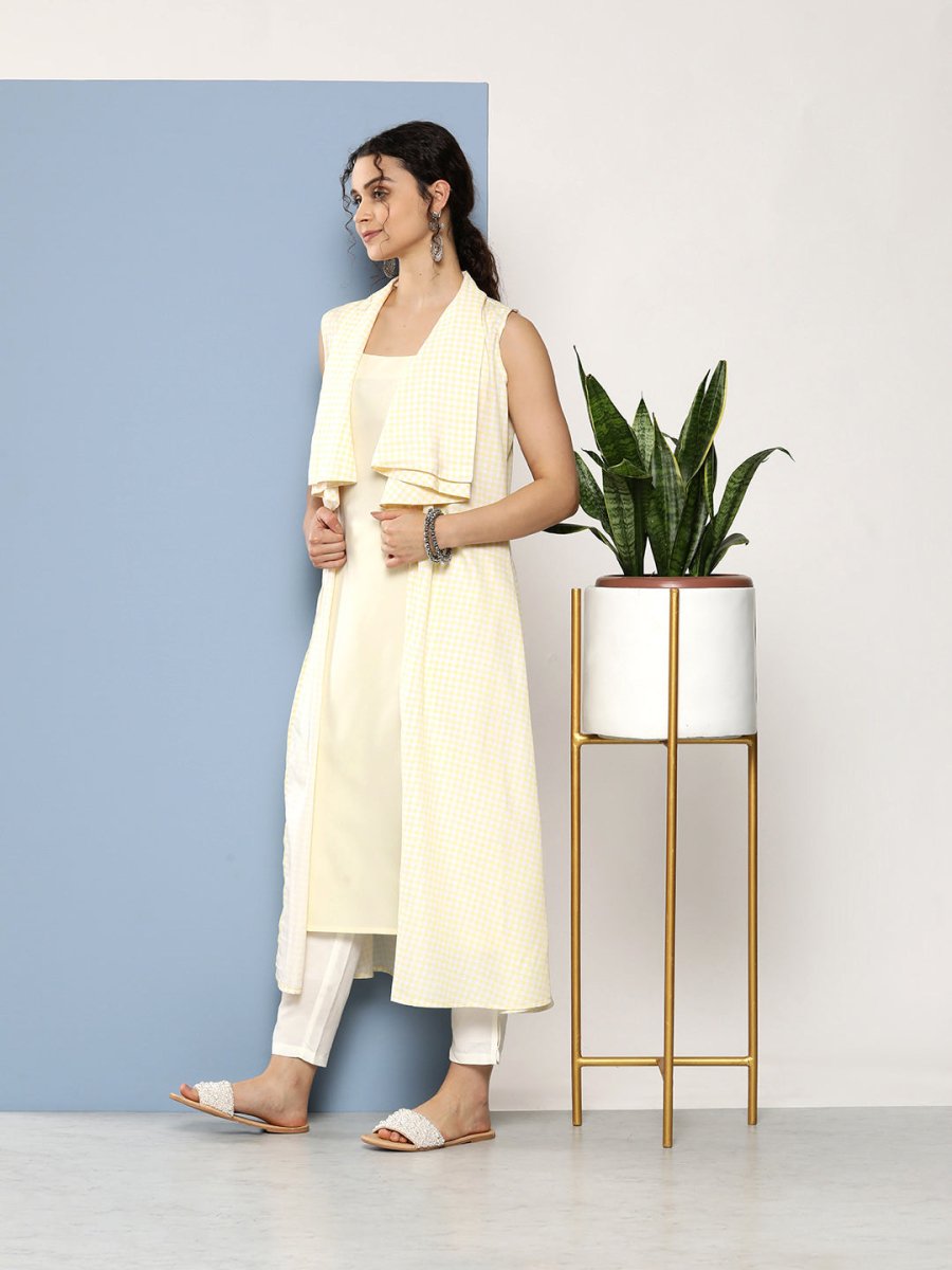 Ahalyaa Women White & Yellow Checked Crepe Kurta - Distacart