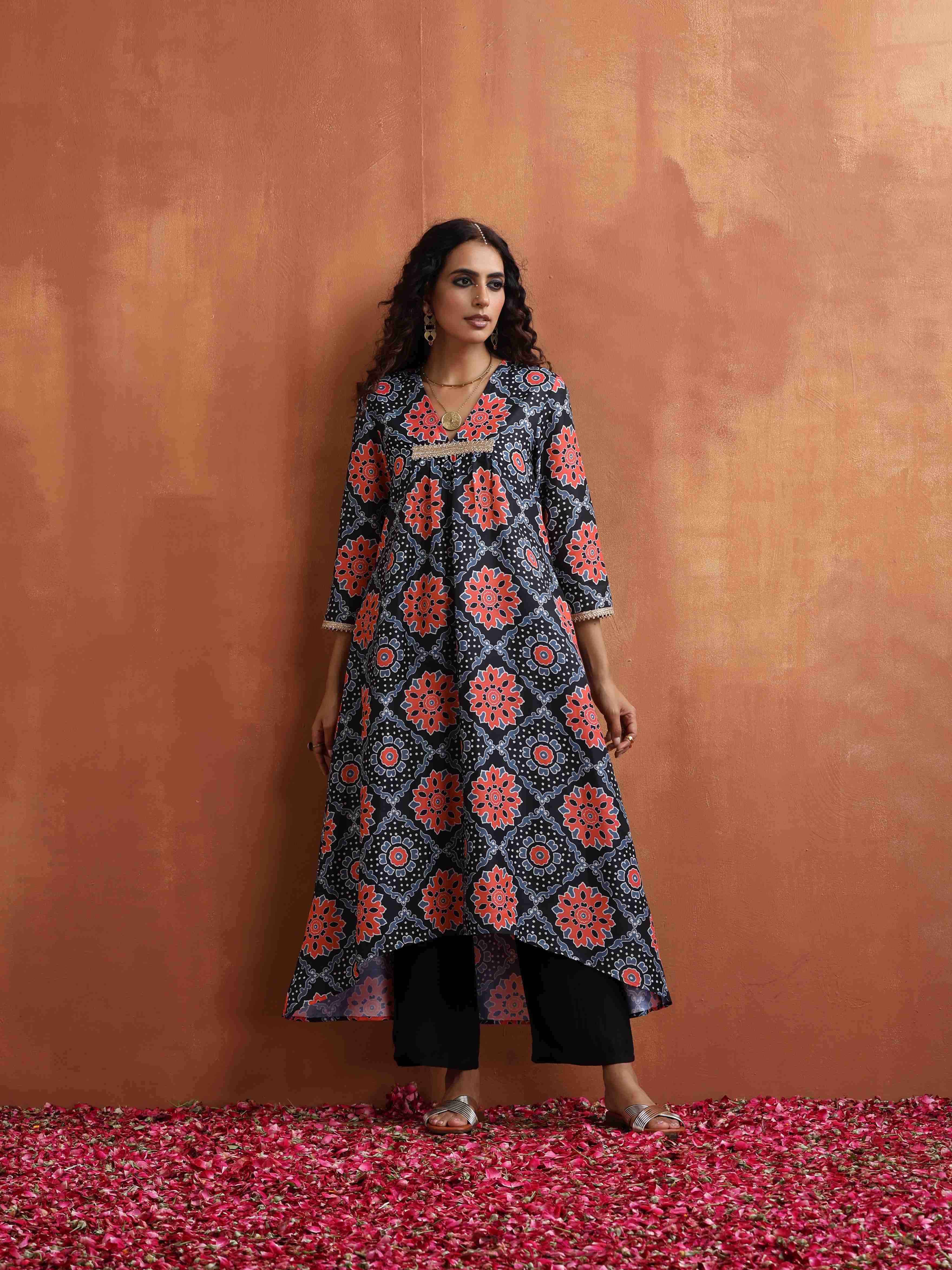trueBrowns Black Ajrak Print Kurta Set - Distacart