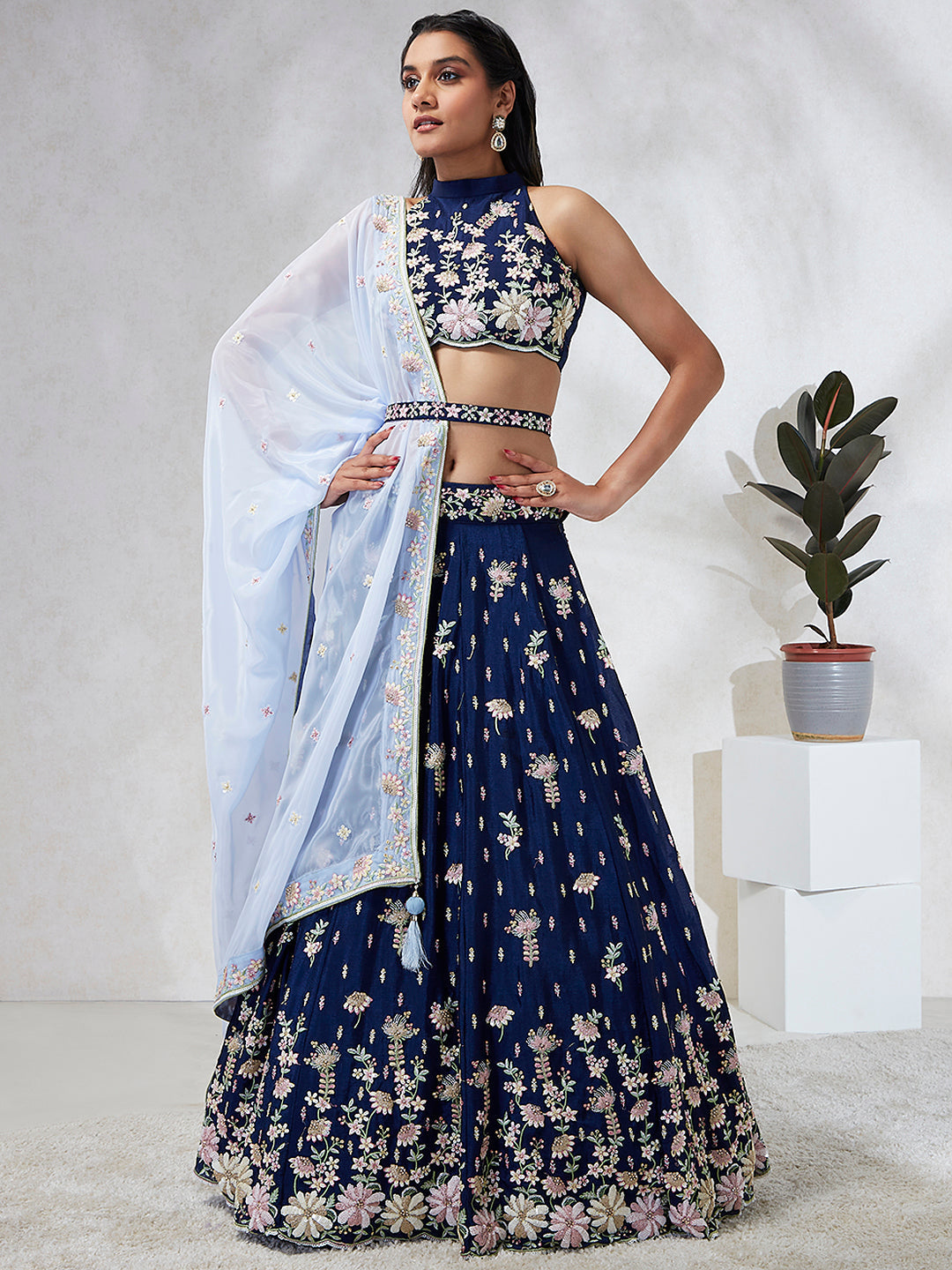 House of Panchhi Navy Blue Pure Georgette Sequins And Thread Embroidery Lehenga Choli & Dupatta - Distacart