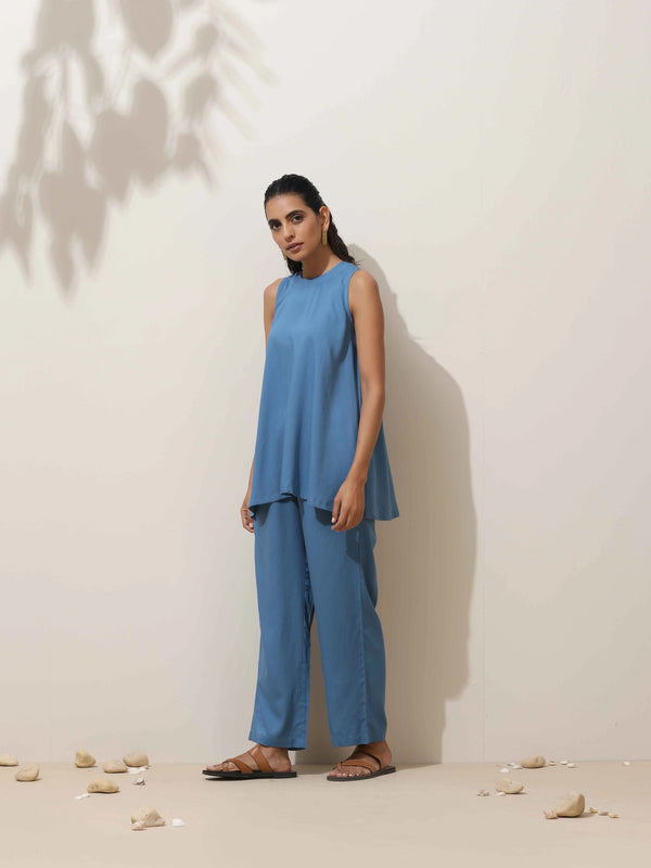 trueBrowns Blue Viscose Solid Co-ord Set