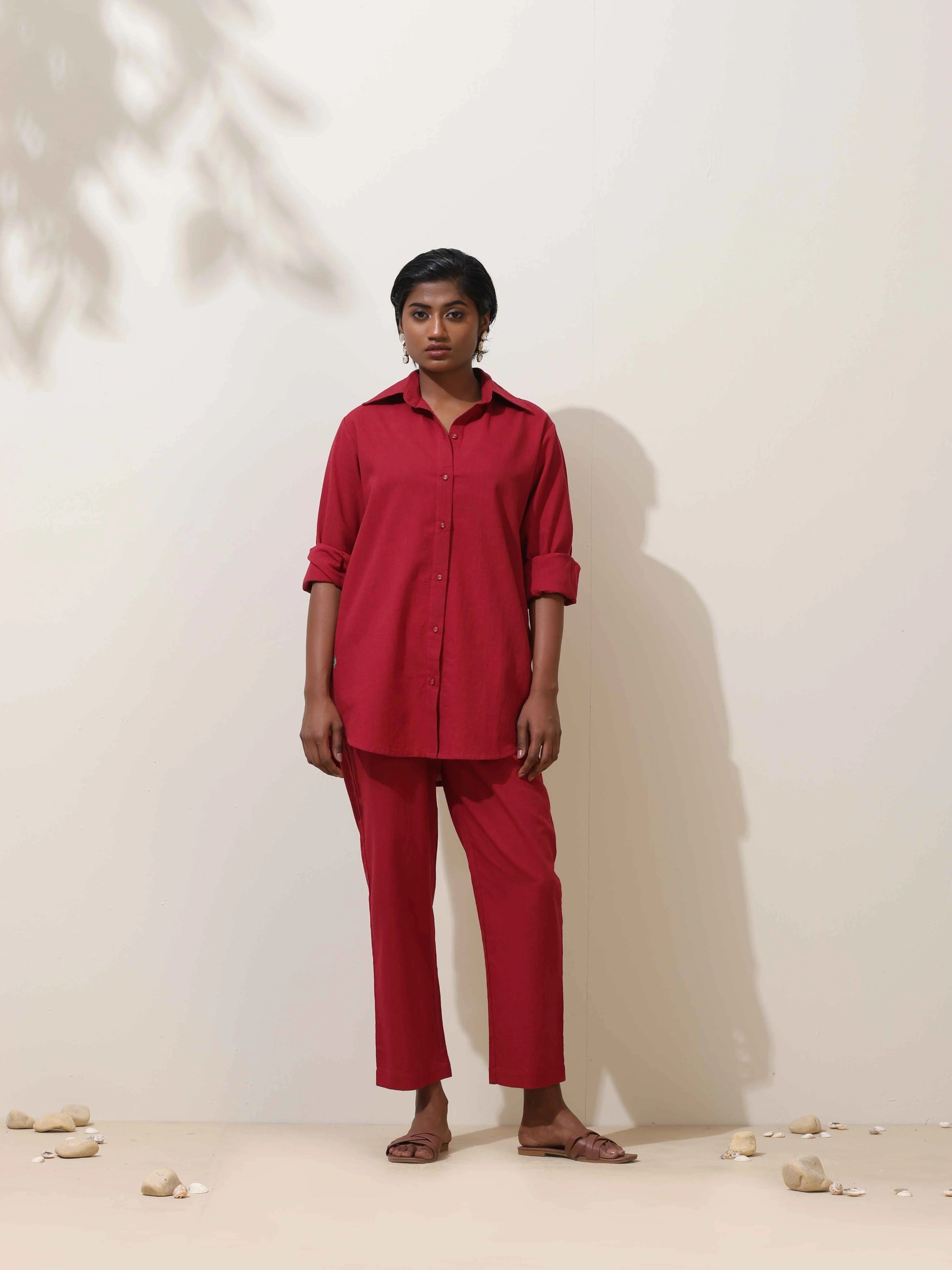 trueBrowns Maroon Cotton Linen Co-Ord Set - Distacart