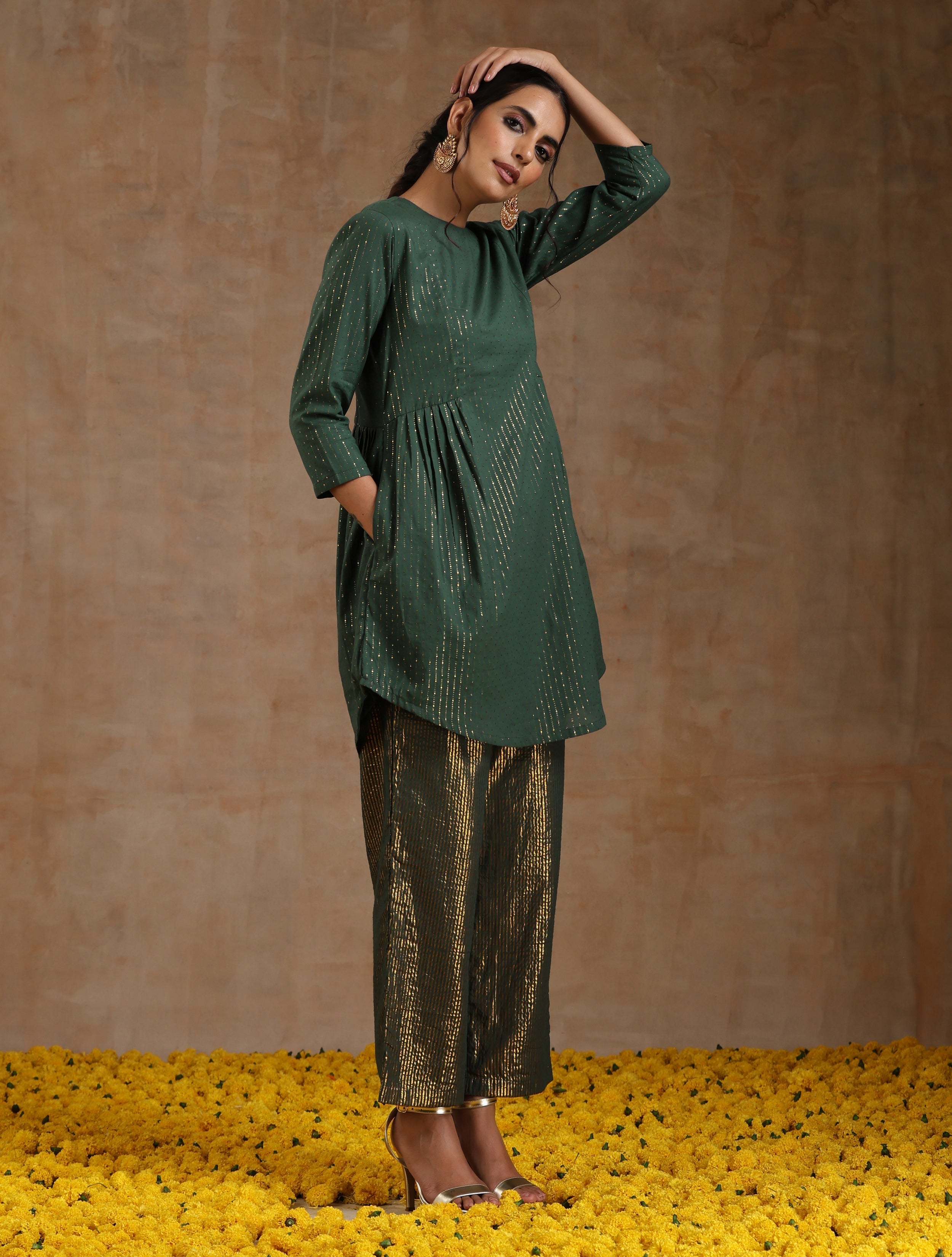 trueBrowns Dark Green Gold Cotton Side Gather Co-Ord Set - Distacart