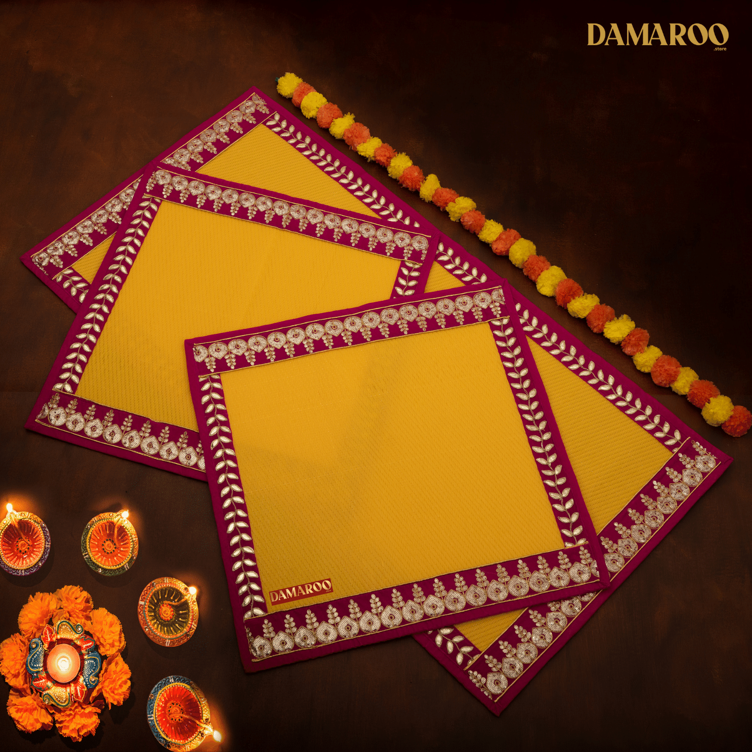 Damaroo Combo Pack of 3 | Regal Nylon Pooja Aasan & Mat | Pink Sequins & Gotapatti Border - Mango Yellow - Distacart