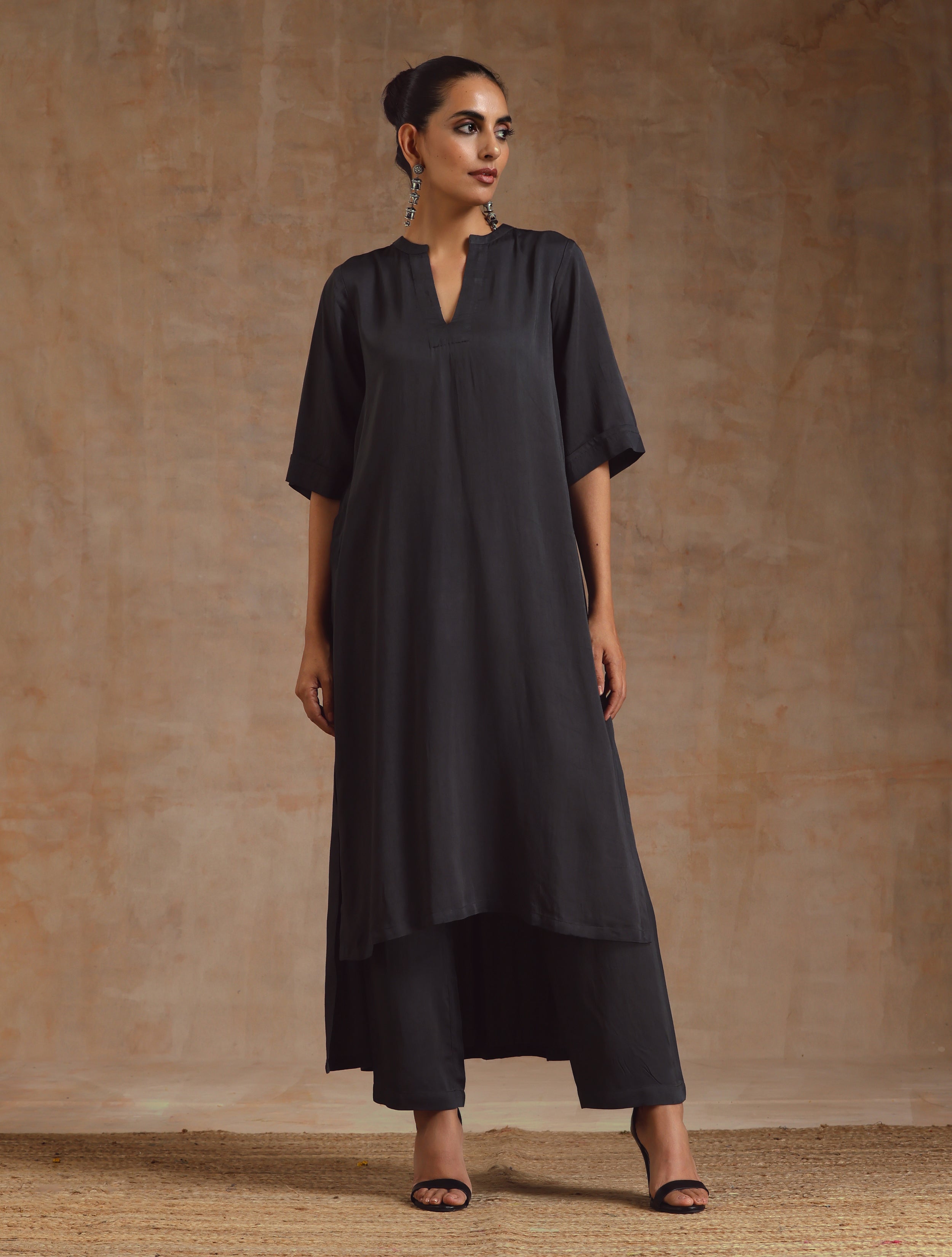 trueBrowns Grey Modal Satin High-Low Relax Kurta Set | Relove - Distacart