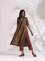 Thumbnail for trueBrowns Brown Slub Highslit Kurta Set