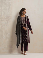 Thumbnail for trueBrowns Purple Velvet Embroidered Kurta Pant Dupatta Set