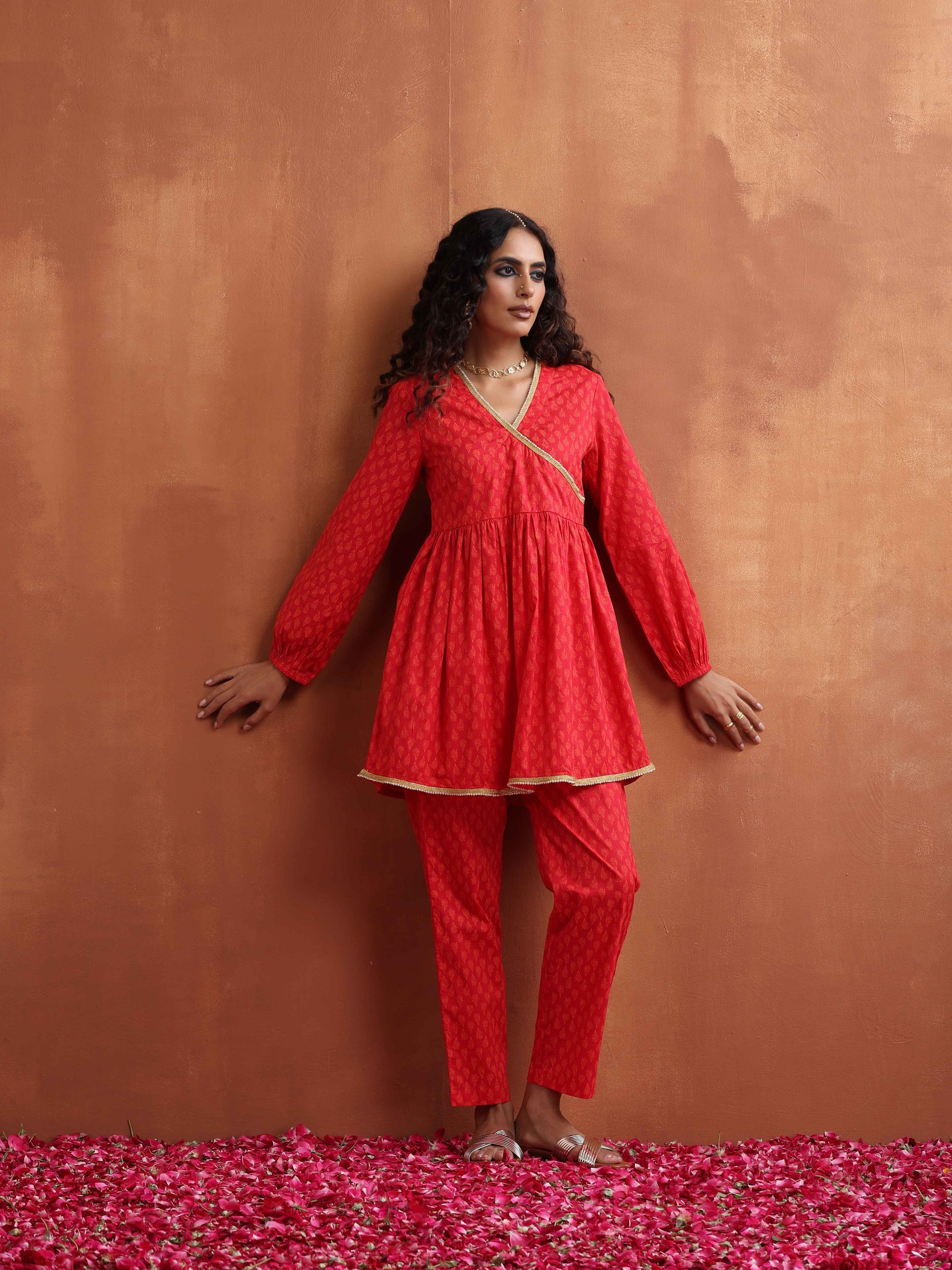 trueBrowns Red Print Angrakha Co-ord Set - Distacart