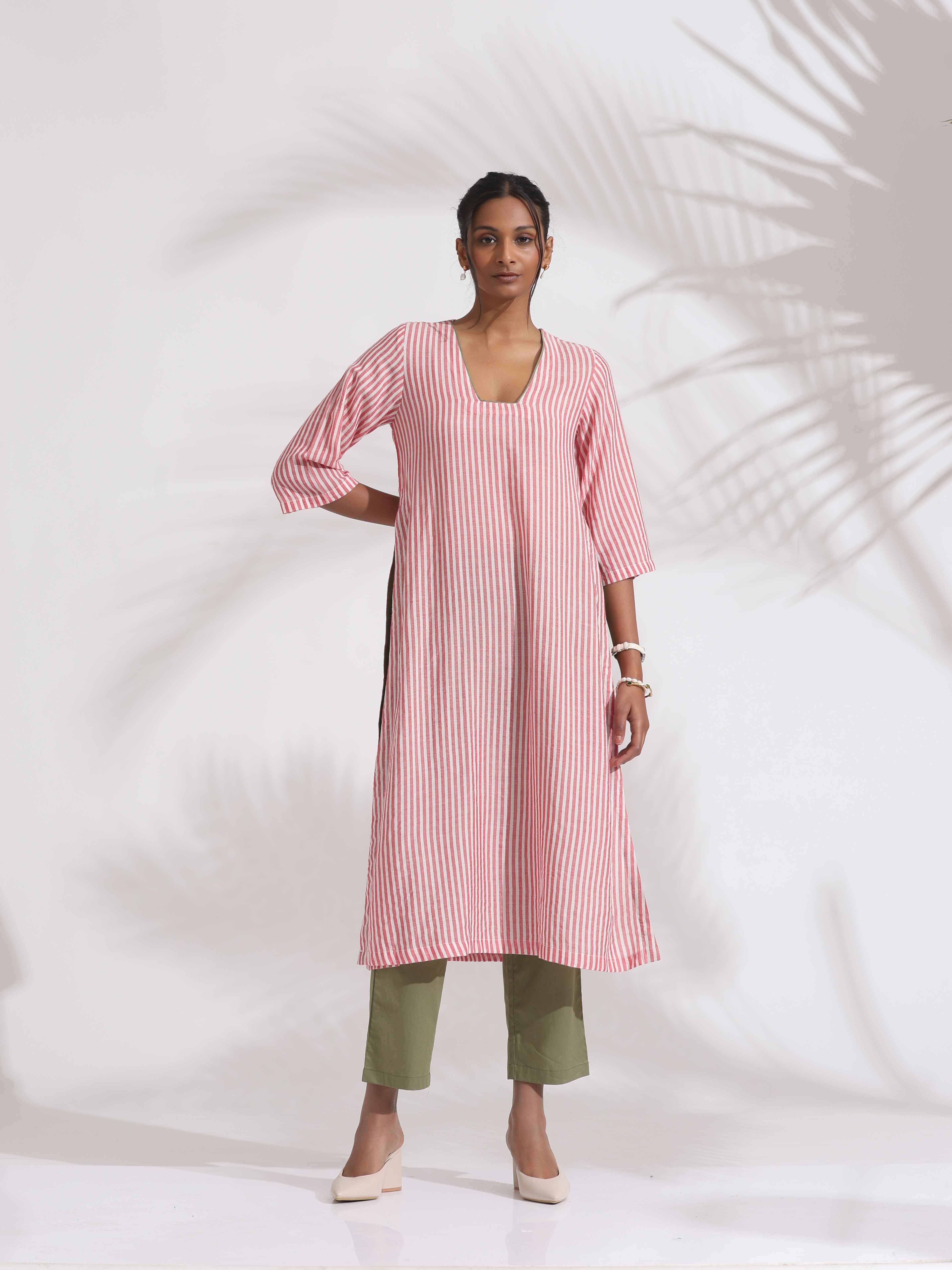 trueBrowns Red Cotton Stripe Straight Kurta Set - Distacart