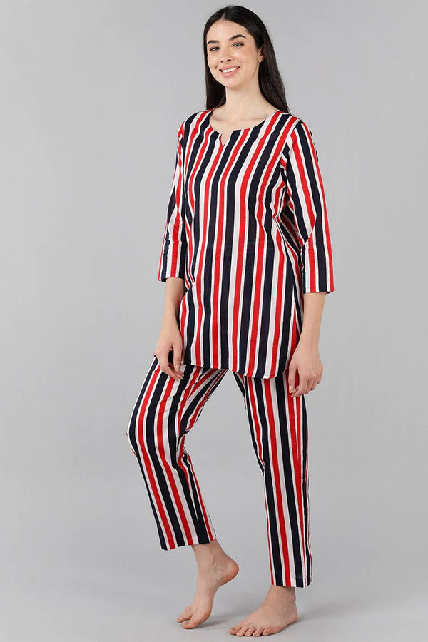 Ahika Multi Colour Cotton Striped Night Suit - Distacart