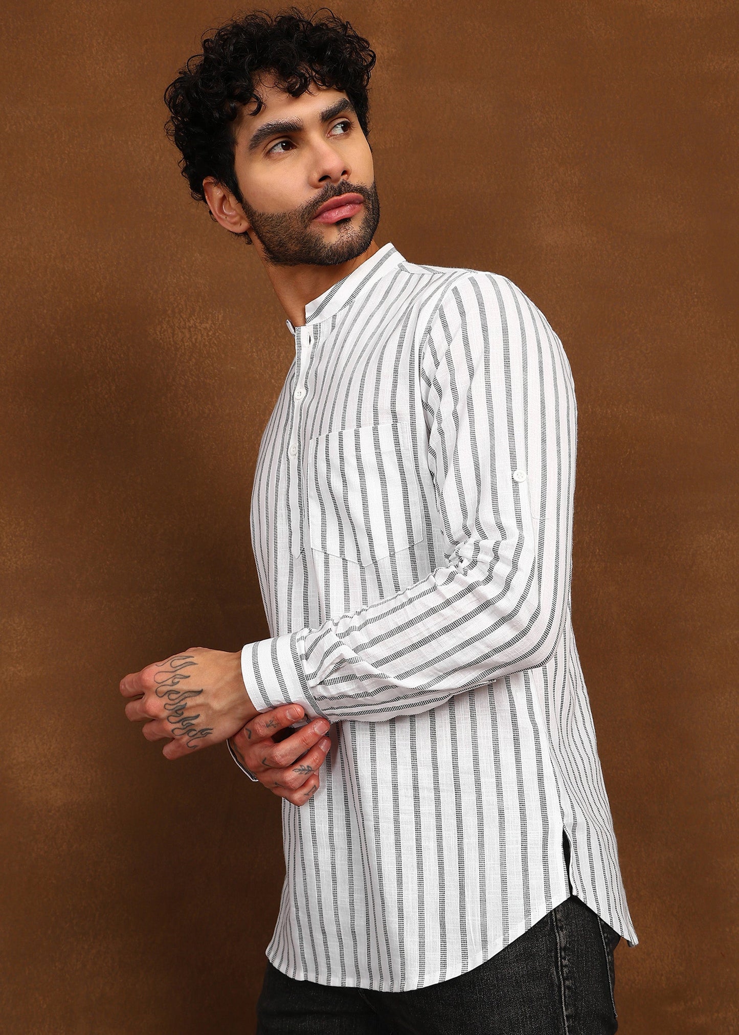 Fabmade Driftline Stripe Linen Short Kurta - Distacart