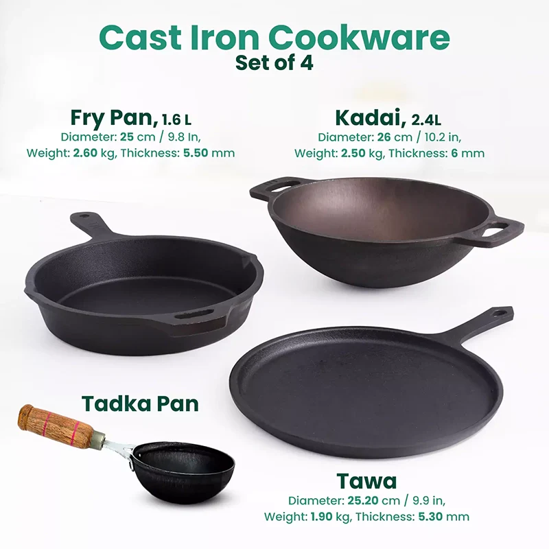 The Indus Valley CASTrong Cast Iron Cookware Set: Tadka Pan + Cast Iron Tawa With Handle (Pre Seasoned) + Cast Iron Kadai Wok Model + Cast Iron Fry Pan, Kitchen set for Home, 100% Pure, Toxin-free