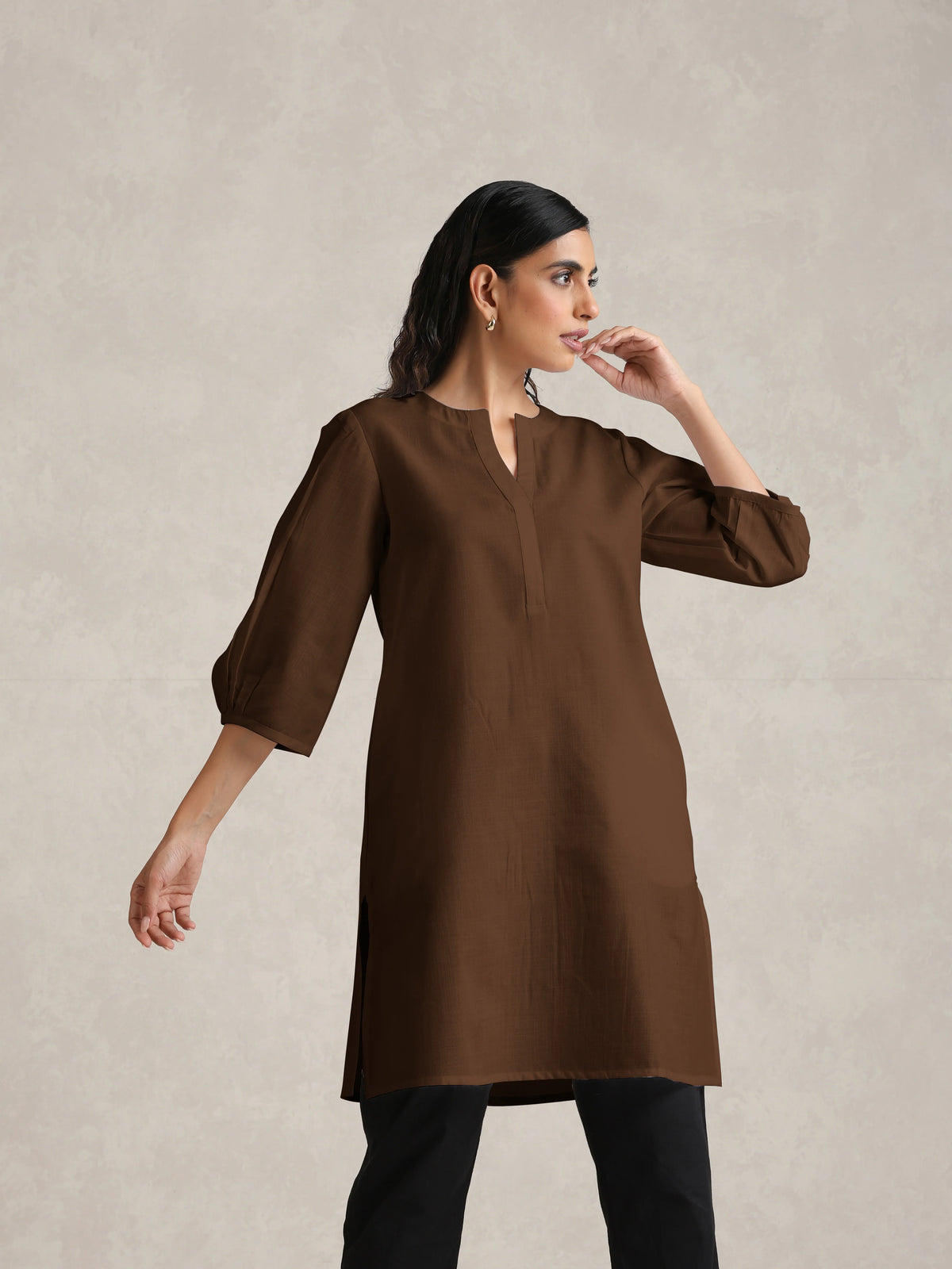 trueBrowns Brown Cotton Blend Short Kurta - Distacart
