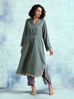 Thumbnail for trueBrowns Grey Velvet Lace Kurta Pant Set - Distacart