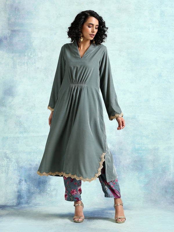 trueBrowns Grey Velvet Lace Kurta Pant Set - Distacart