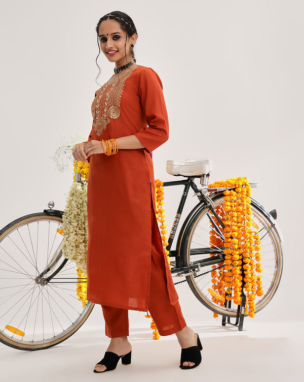 Varanga Women Rust Yoke Embroidered Straight Kurta Paired With Tonal Bottom And Contrast Printed Dupatta - Distacart