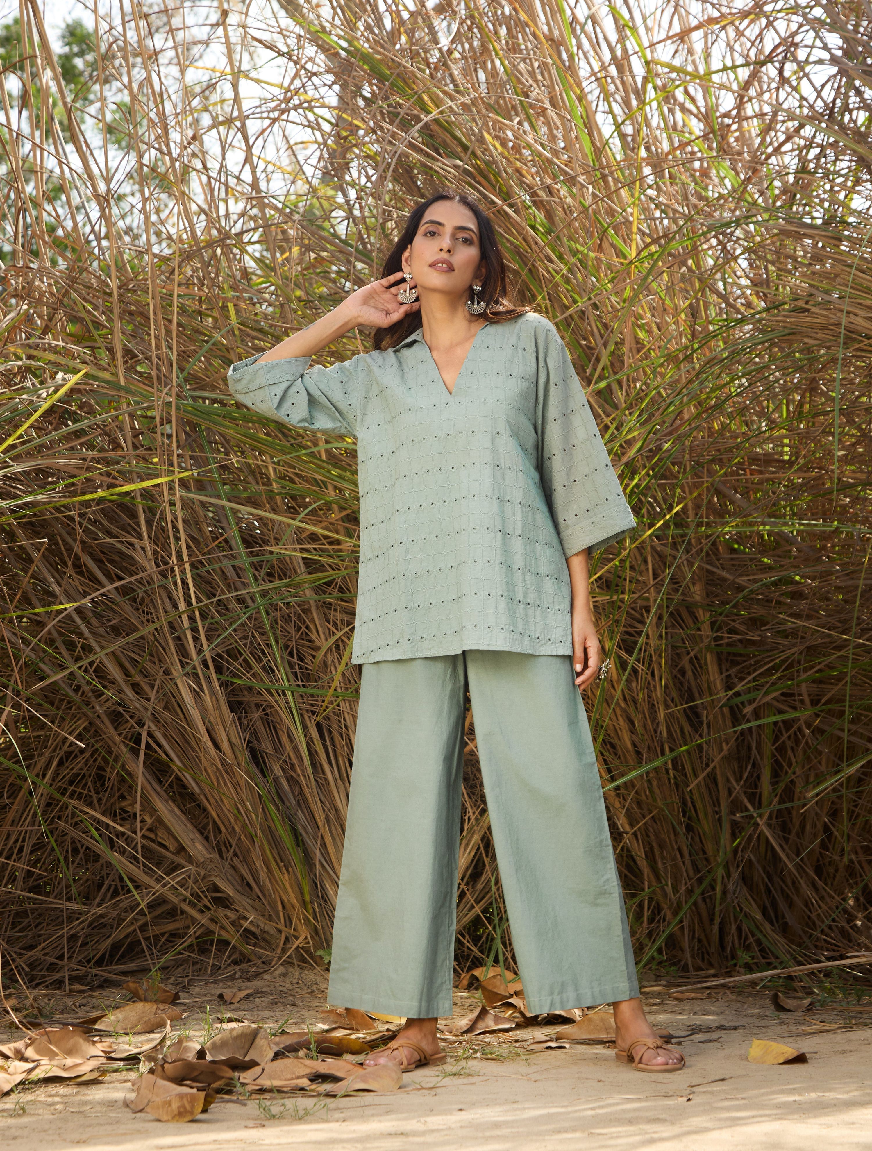 trueBrowns Blue Cotton Cutwork Embroidered Co-ord Set - Distacart