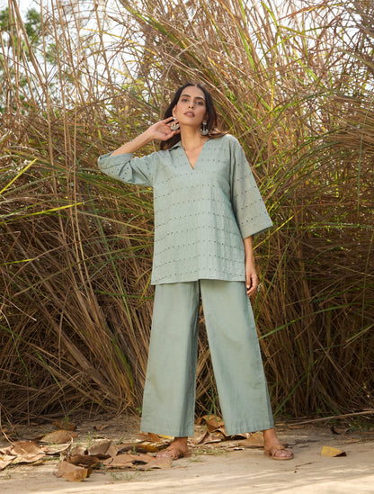 trueBrowns Blue Cotton Cutwork Embroidered Co-ord Set - Distacart